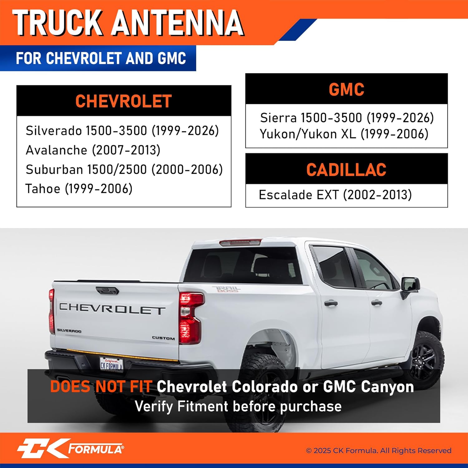 Silver Anodized 50 Cal Bullet Antenna for Chevy Silverado & GMC Sierra (1999–2026), Solid Billet Aluminum, Fade & Chip-Resistant, Car Wash Safe, Short Replacement Antenna, Exterior Truck Accessories