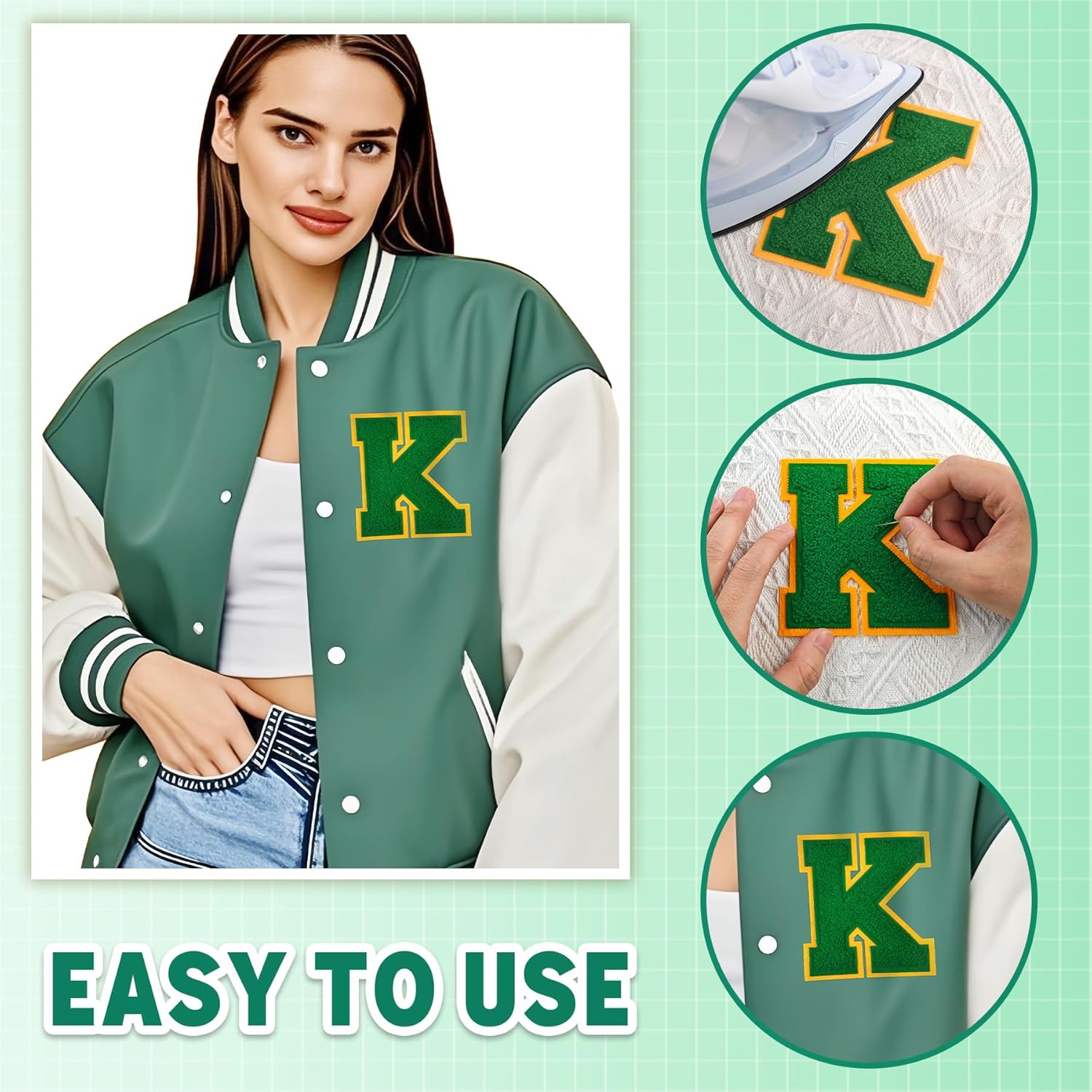 1 PC 4.5" Green Chenille Iron-On Letter Patch for Jackets, Hats, Backpacks, Jeans -Varsity Letterman Preppy Style - Image 4