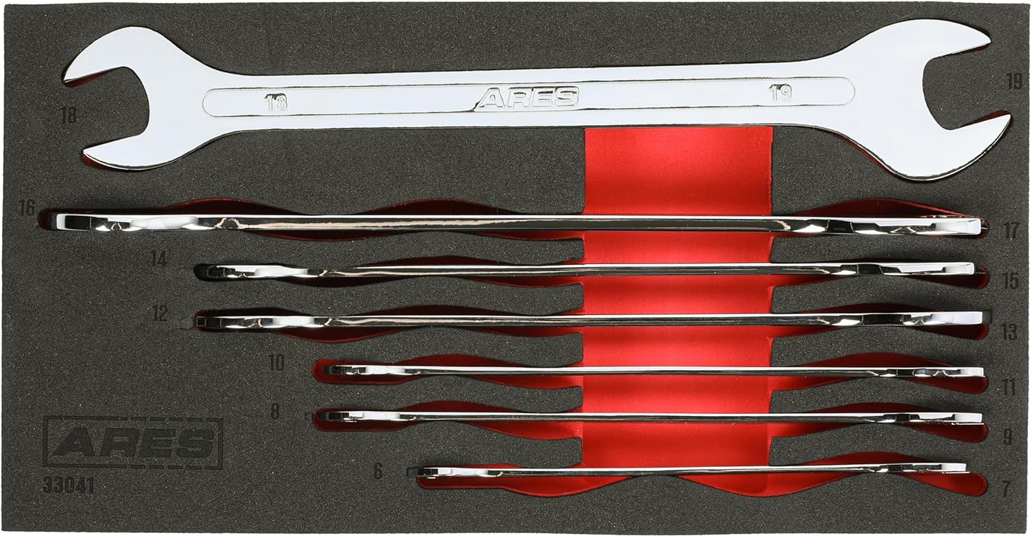 ARES 33041-7-Piece Metric Ultra-Thin Profile Double Open-End Wrench Set - Sizes 6-19mm - Chrome Vanadium Steel Construction with Mirror Polish Chrome Finish – EVA Foam Storage Tray