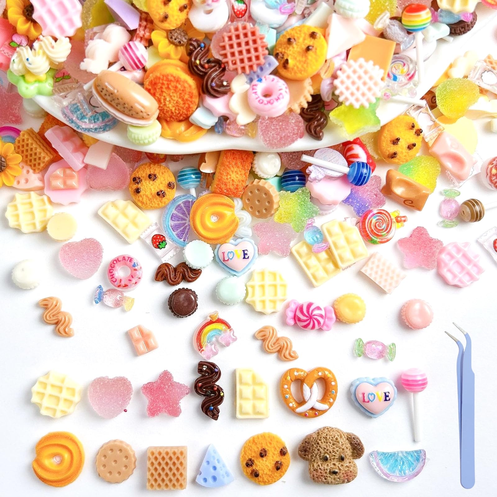 100PCS Slime Charms with Tweezers,Mixed Craft Resin Charms for Phone Case Decoration, Scrapbooking, Resin Charms for Junk Case Decoration (A1)