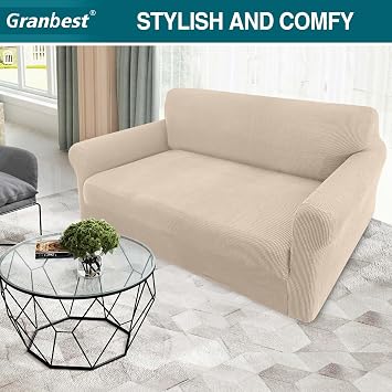 Granbest High Stretch Sofa Covers 2 Seater Super Soft Loveseat Cover Universal Couch Covers Jacquard Sofa Cover for Dogs Non Slip Furniture Protector Machine Washable (2 Seater, Beige)