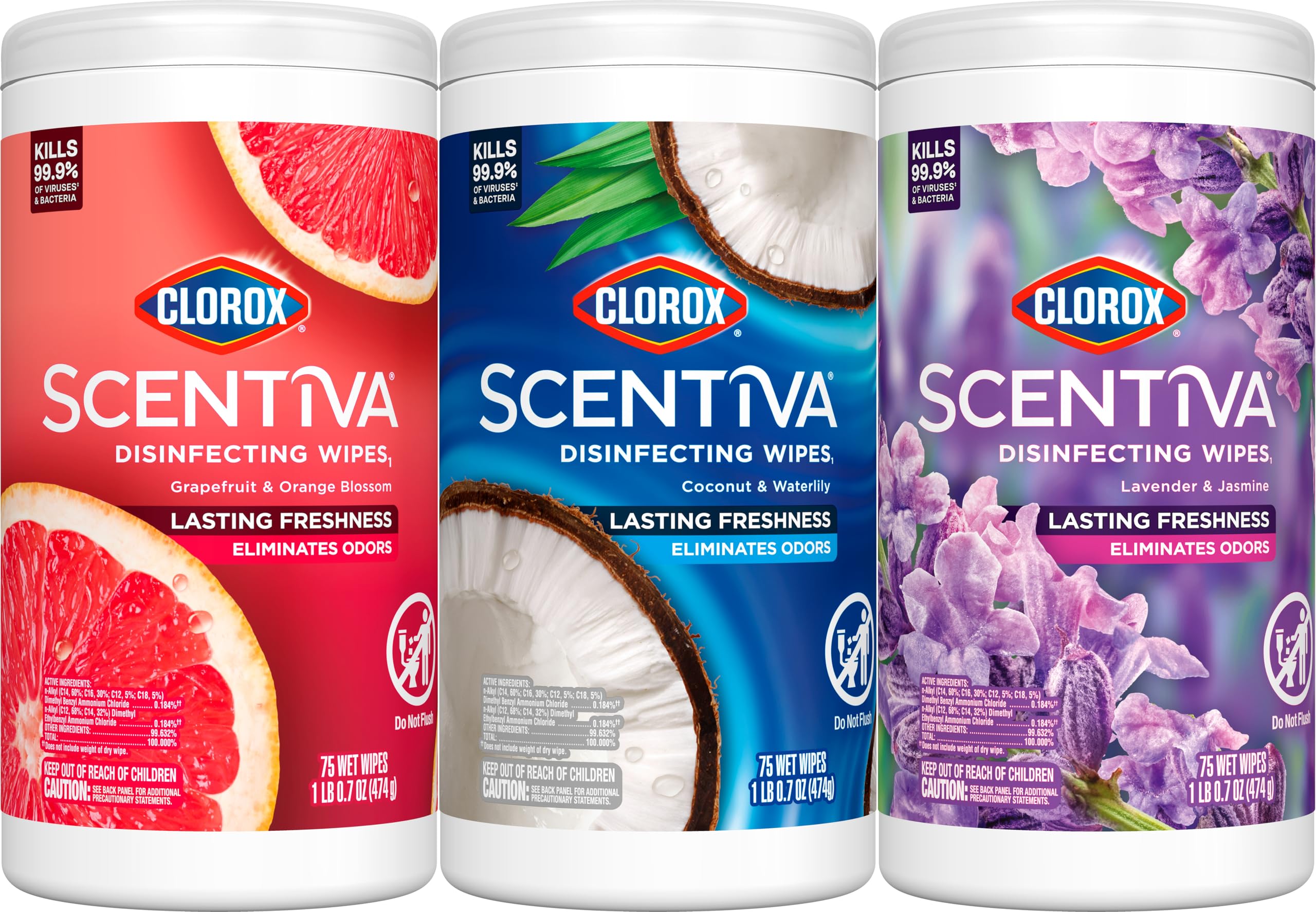 Clorox Scentiva Disinfecting Wipes Lavender and Jasmine Grapefruit and Orange Blossom and Coconut and Waterlily 75 Count Each