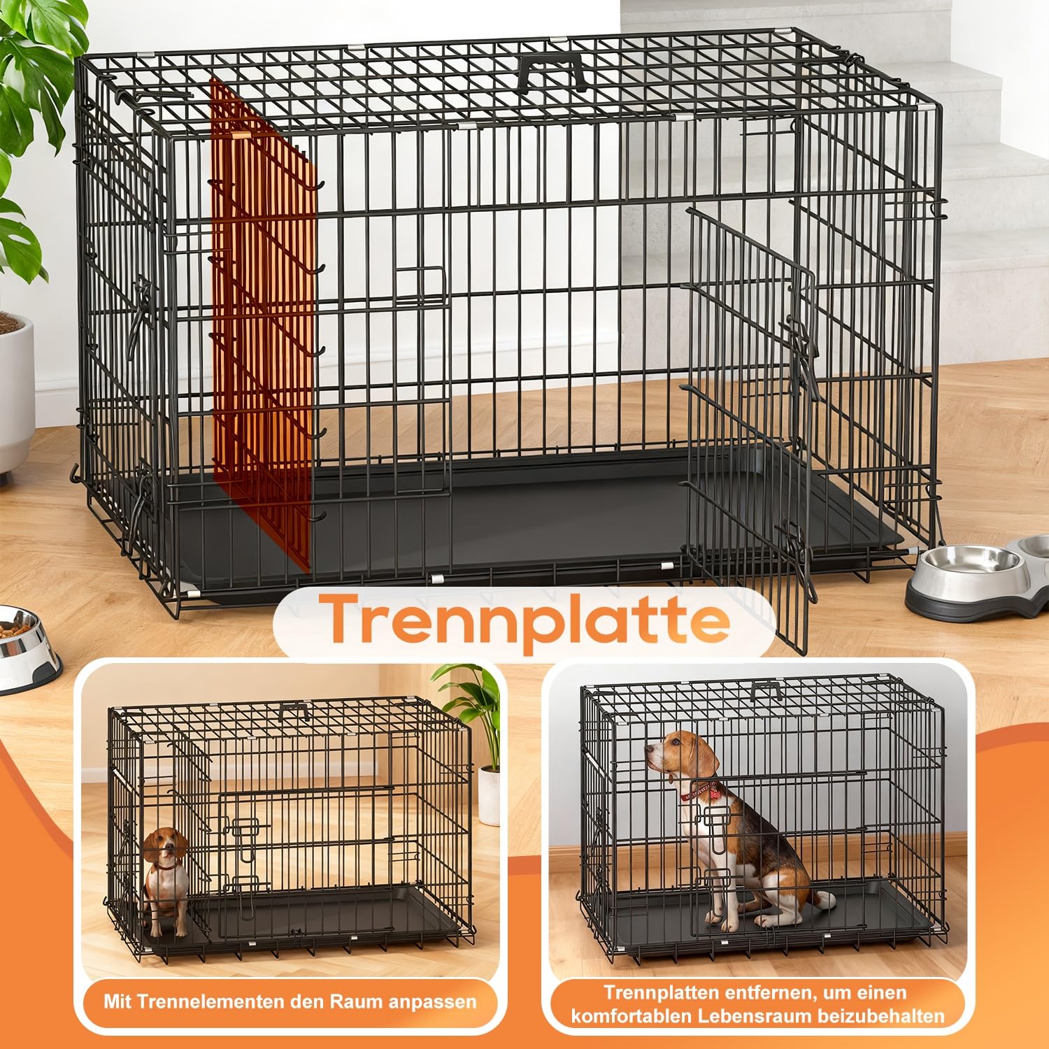 BestOffice Hundekäfig, klappbar, mit 2 Türen, ausziehbar Kunststofftablett und Griff, Hundetransportbox für Reisen, 107x69x76cm, XL, Transportbox- Haustiere, Innen und Außenbereich, Schwarz