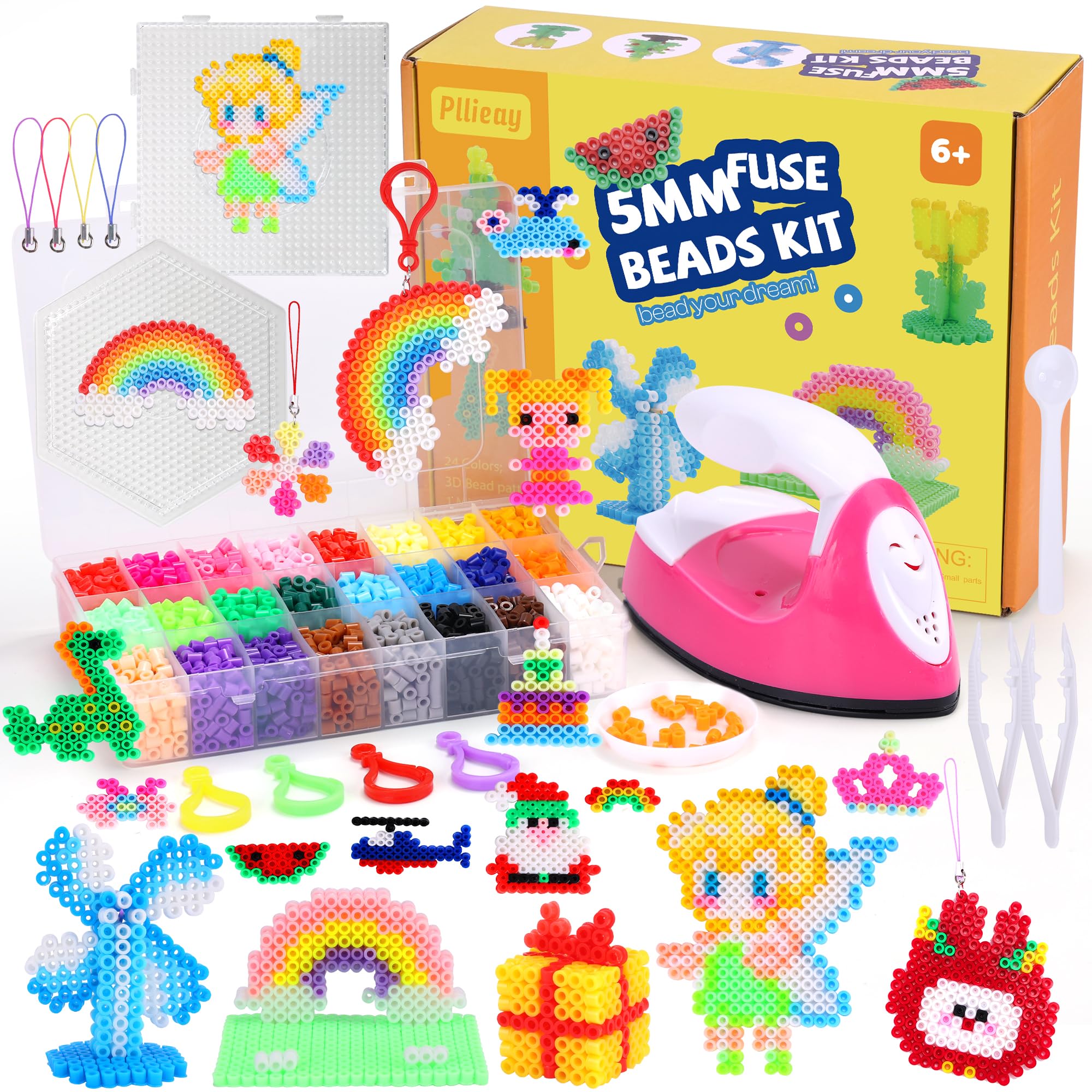 Kit de Perlas de Fusión 5mm, Paillettes para Planchar en 24 Colores, Set de Perlas de Hierro con Mini Plancha y Papeles para Planchar DIY Manualidad Regalo para Niños