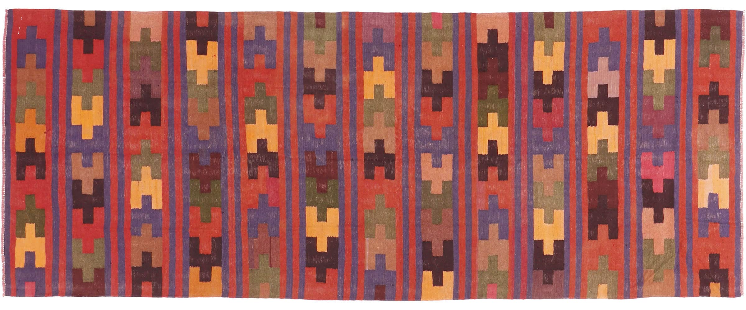 Tapis Afghan Kelim Soumakh tissé main marron rayé 130x340 cm