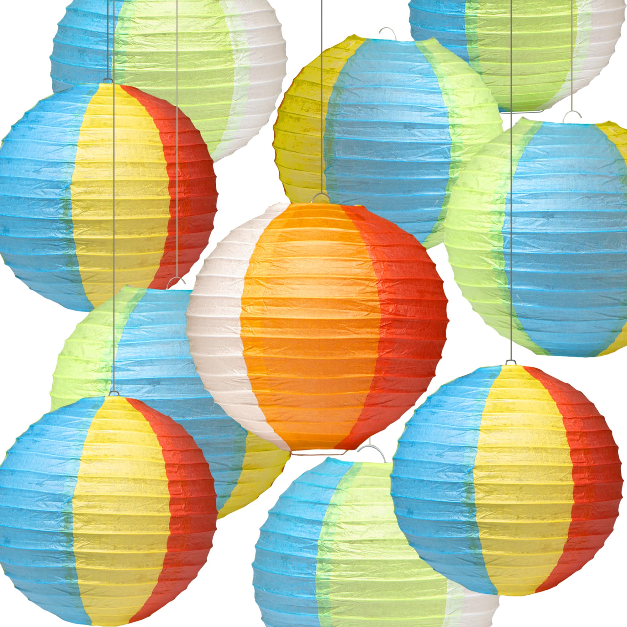Novelty Place 10 Pack Rainbow Color Hanging Paper Lanterns - 8" Beach Ball Style for Home, Summer Pool Parties, Weddings, Chinese & Japanese Decorations