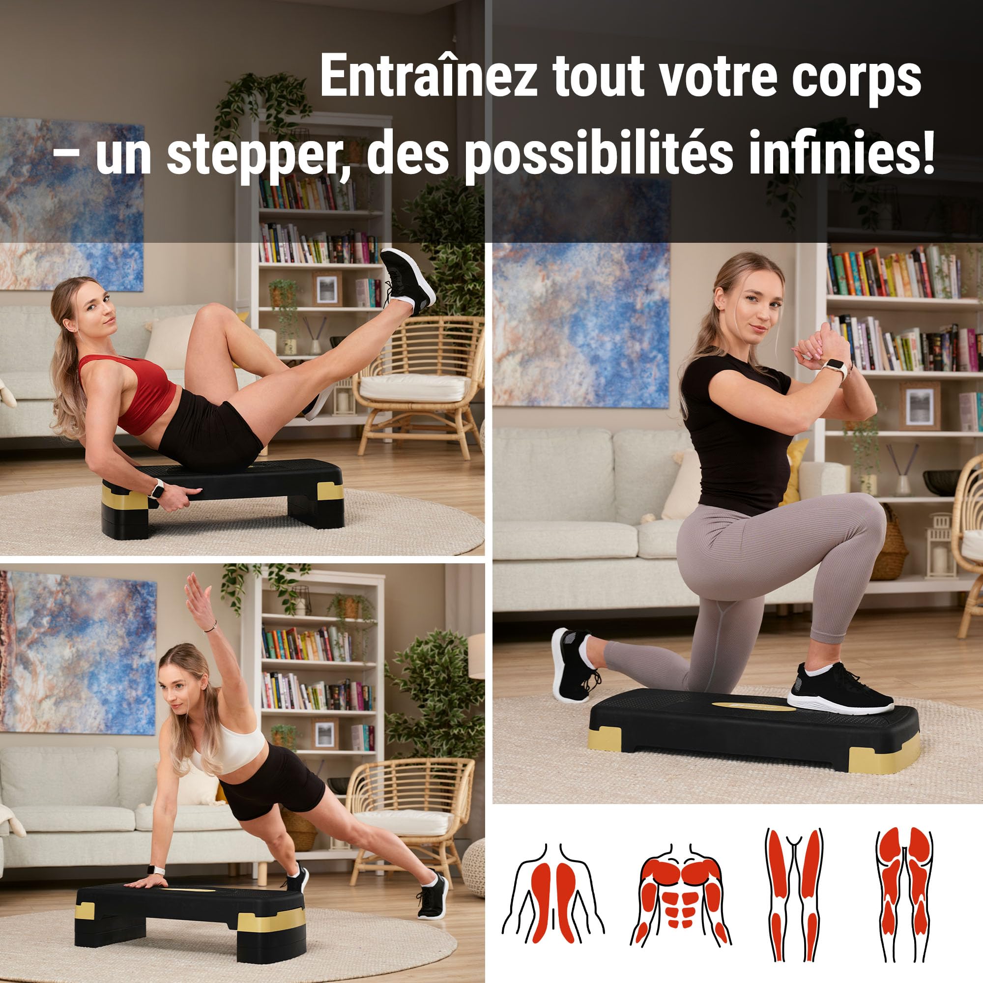HOP-SPORT® Step de Fitness HS-PP033AS pour la Maison, Stepper d'aérobic avec Hauteur Ajustable 3 marches, Surface antidérapante, Supportant Une Charge jusqu'à 350 KG