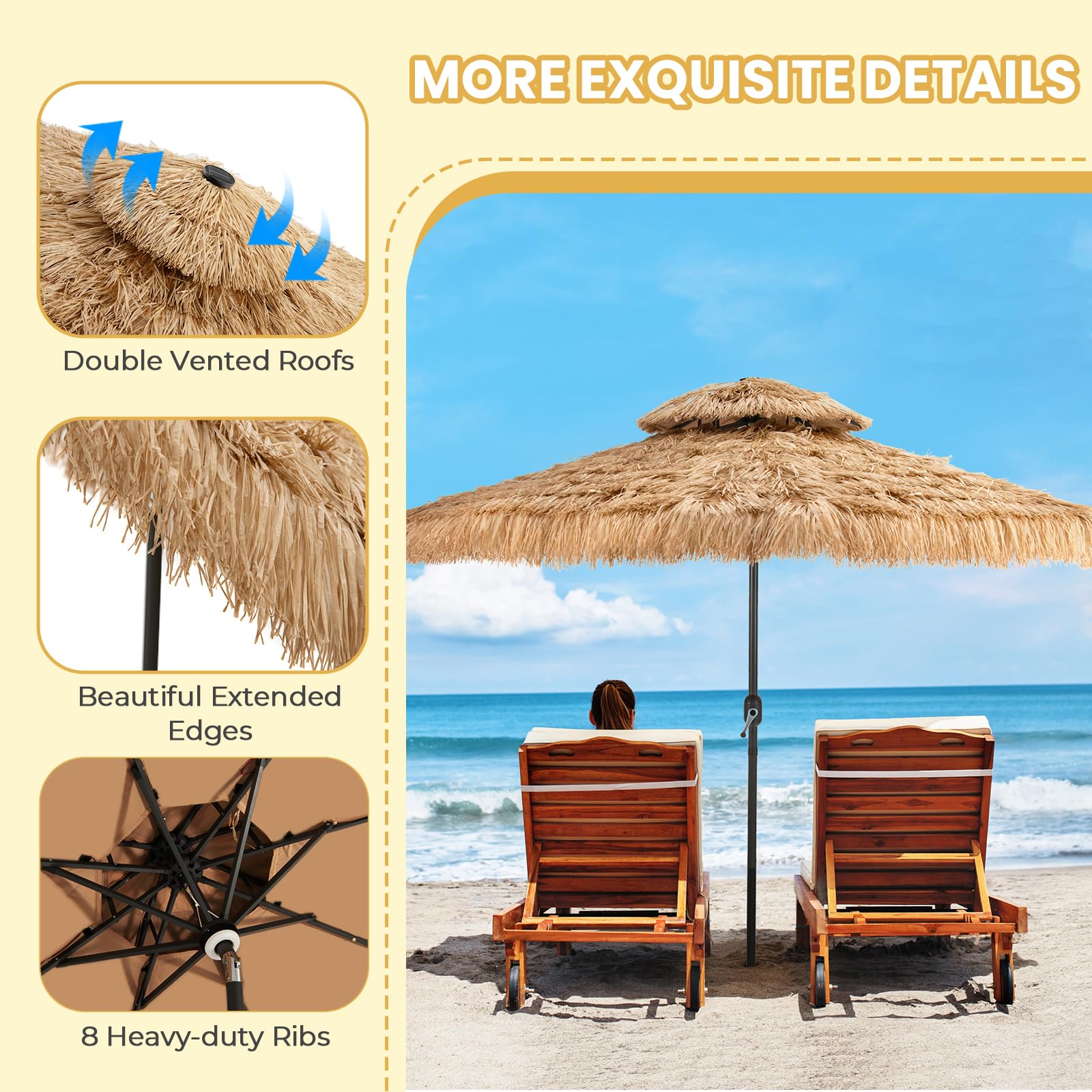 KOMFOTTEU Ombrellone da spiaggia Ø270/300 cm, Ombrellone hawaiano in paglia in PE, Parasole Rafia inclinabile con 8 aste, Ombrellone con doppio tetto per giardino, Terreza, Balcone