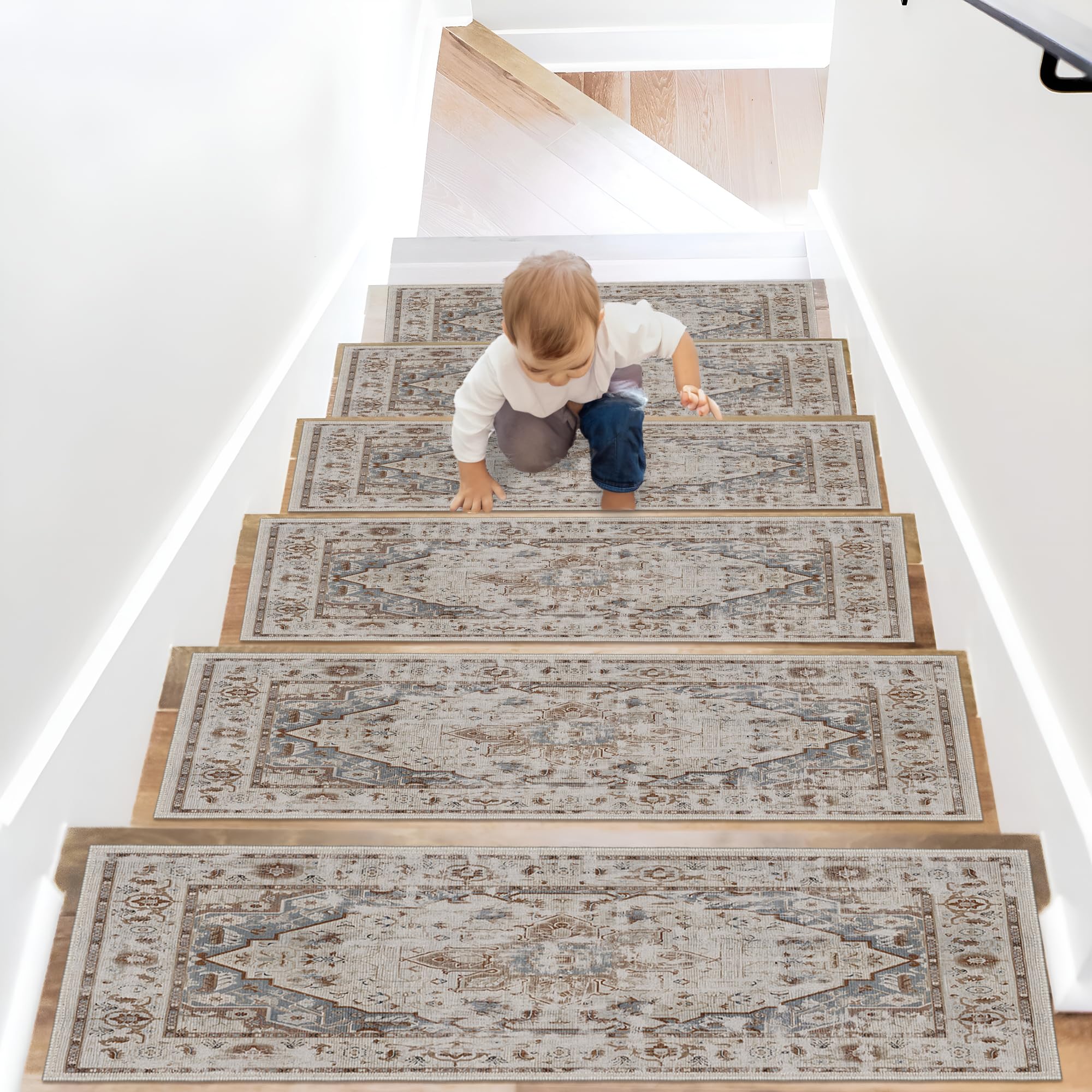 HomeNette Non-Slip Carpet Stair Treads, Rubber Back 8x28 (15 in Pack) Machine Washable Beige Runner Rug for Indoor Wooden Steps, Safety Decorative