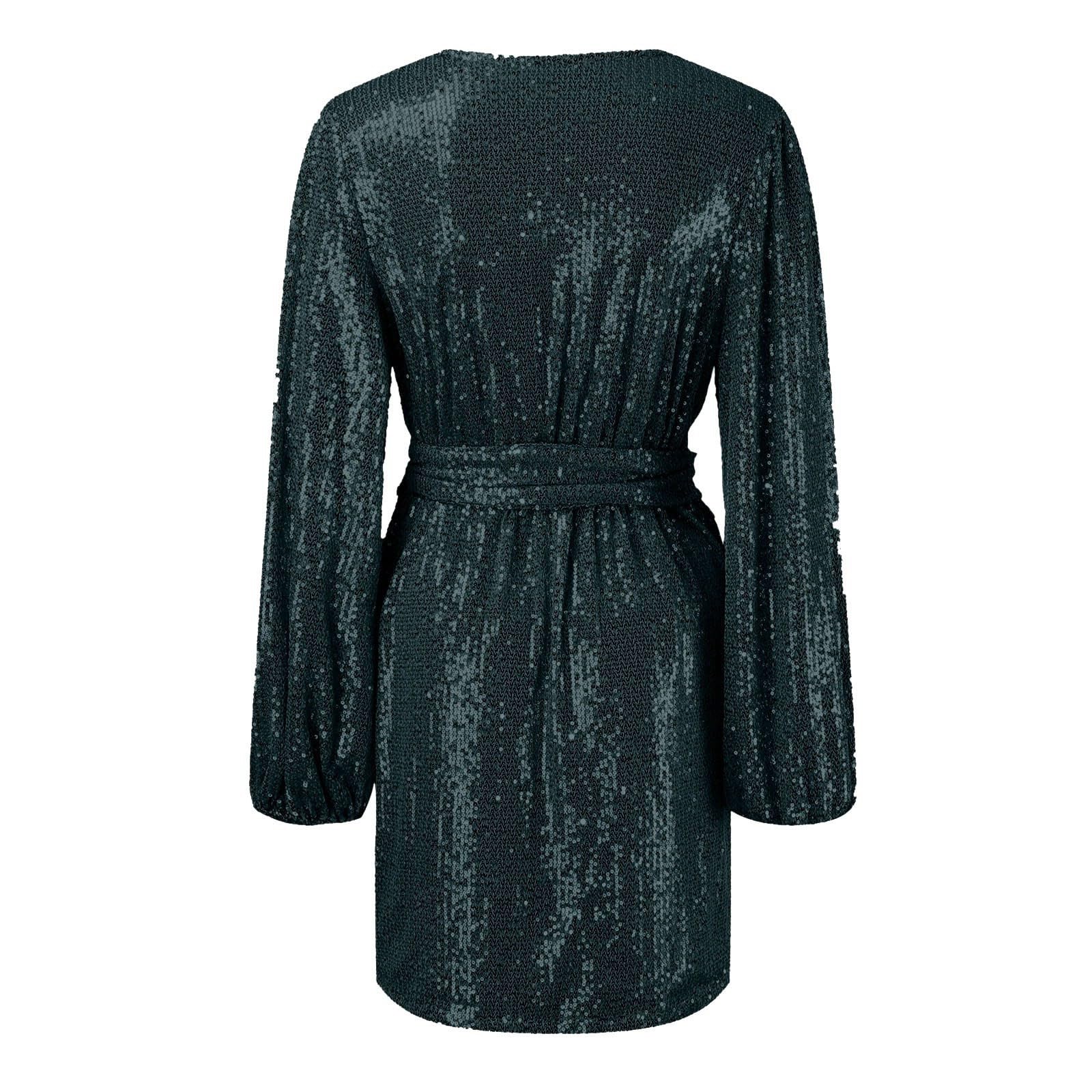 Generisch Vestido de lentejuelas para mujer, con cuello en V, brillante, sexy, elegante, vestido de fiesta, manga larga, vestido de fiesta, vestido de cóctel ajustado con volantes, vestido de carnaval