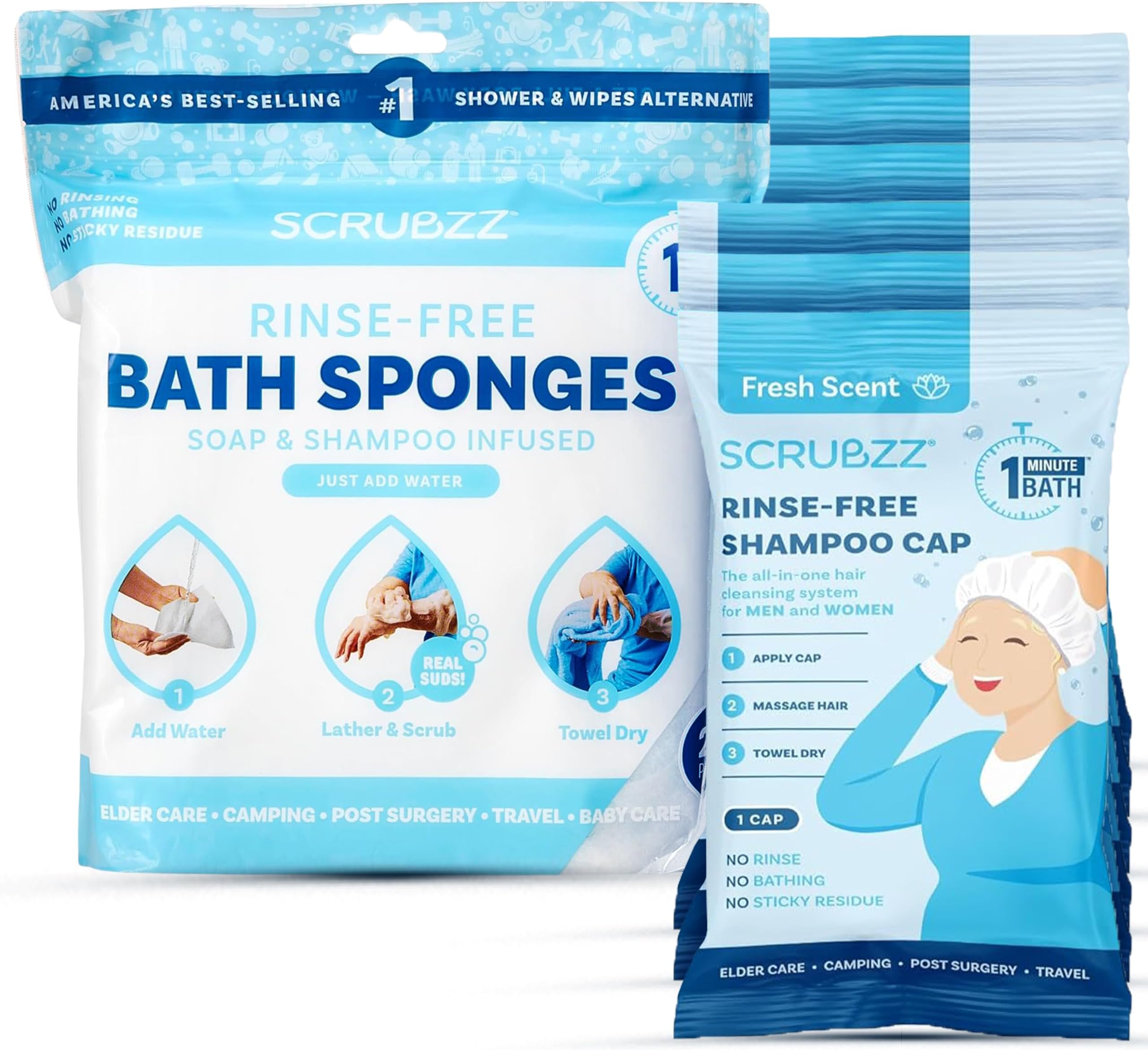 Rinse Free Bathing Sponges and Shampoo Caps Bundle for Eldery Bedridden and Post Surgery Patients