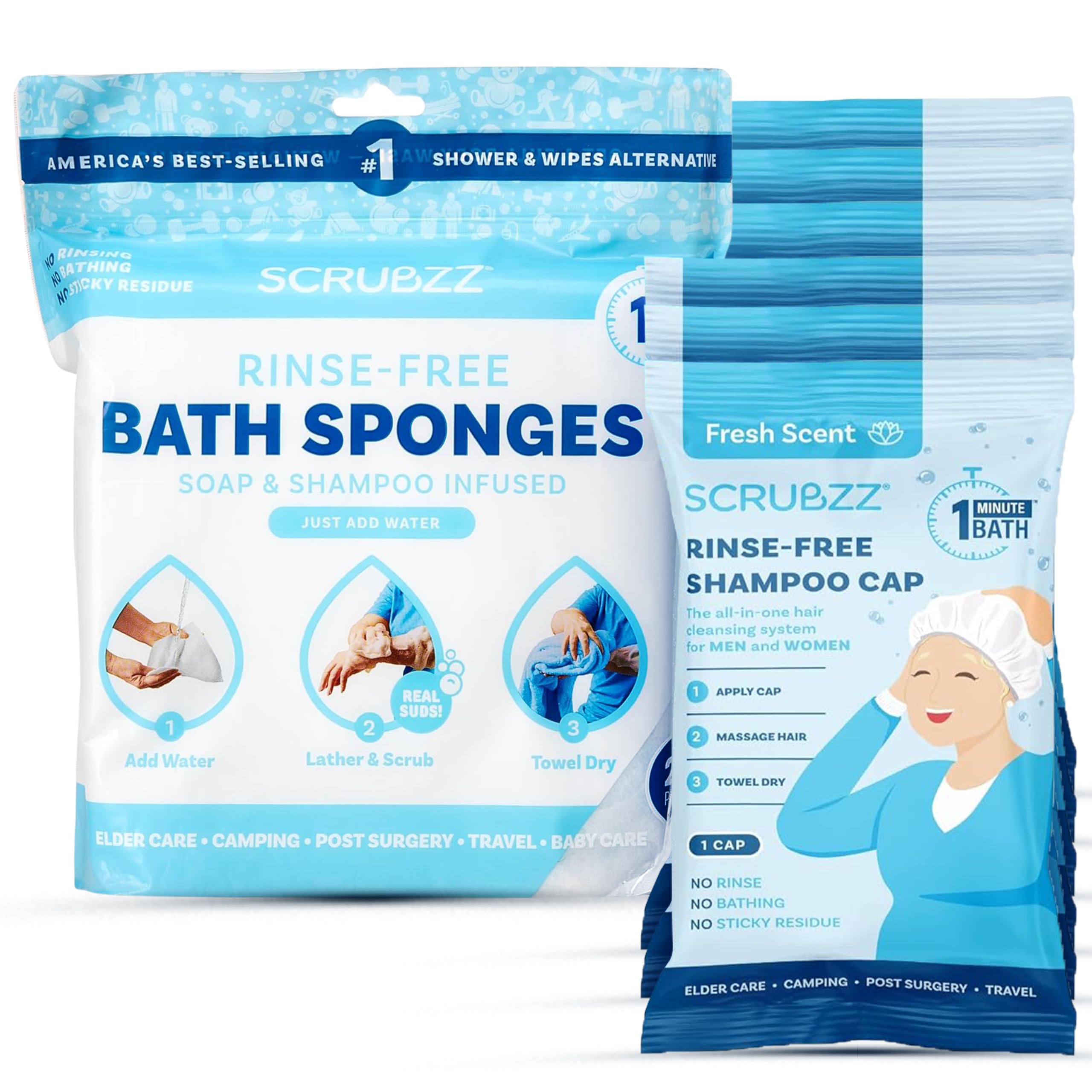 Scrubzz Rinse Free Bathing Sponges and Shampoo Caps Bundle for Eldery Bedridden and Post Surgery Patients