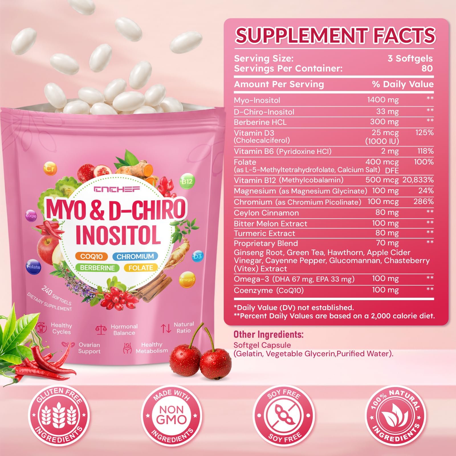 Myo-Inositol & D-Chiro Inositol Supplement for Women, Hormone Balance, Fertility, Ovarian Health & Cycle Support, Berberine, Ceylon Cinnamon for Healthy Cycle Regulation, Mood, Nerve, 240 Ct — Amazon image 2