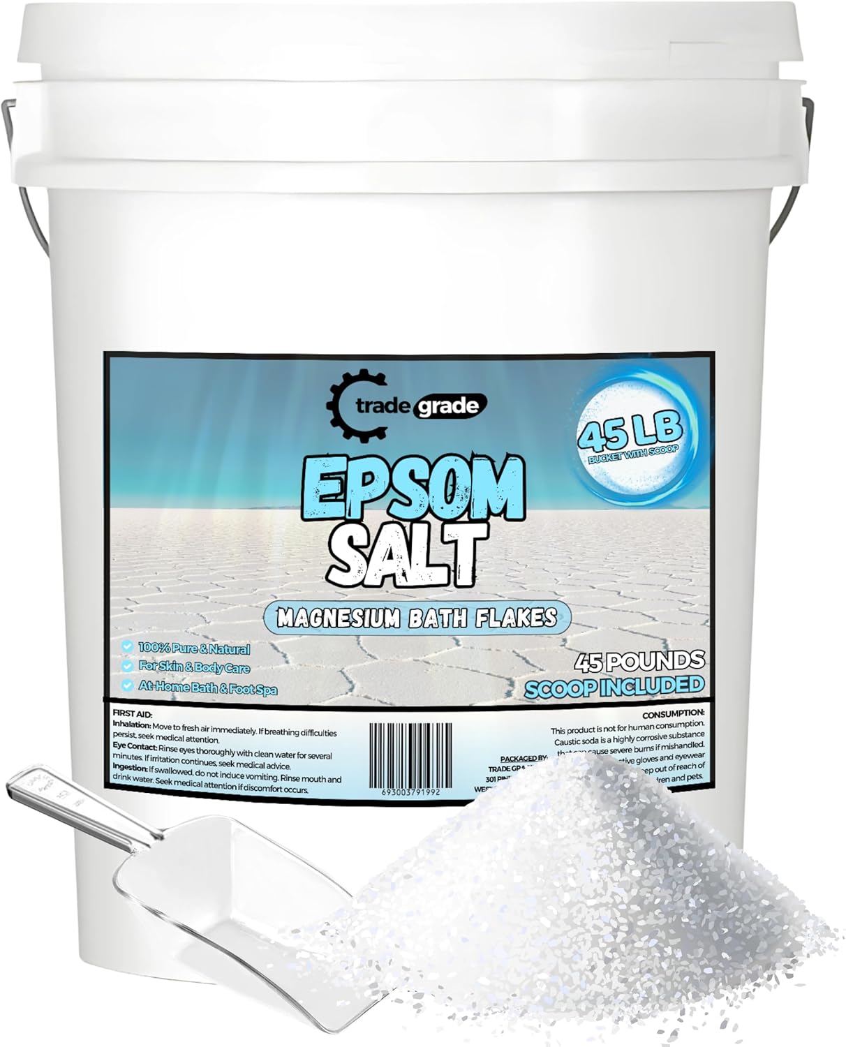 Epsom Salt Bath Soak 45 lb Bucket  Unscented, Pure Epsom Salt Bulk Crystals, Magnesium Sulfate for Full Body or Foot Soaks, Resealable Container with Scoop for Home Bath Use
