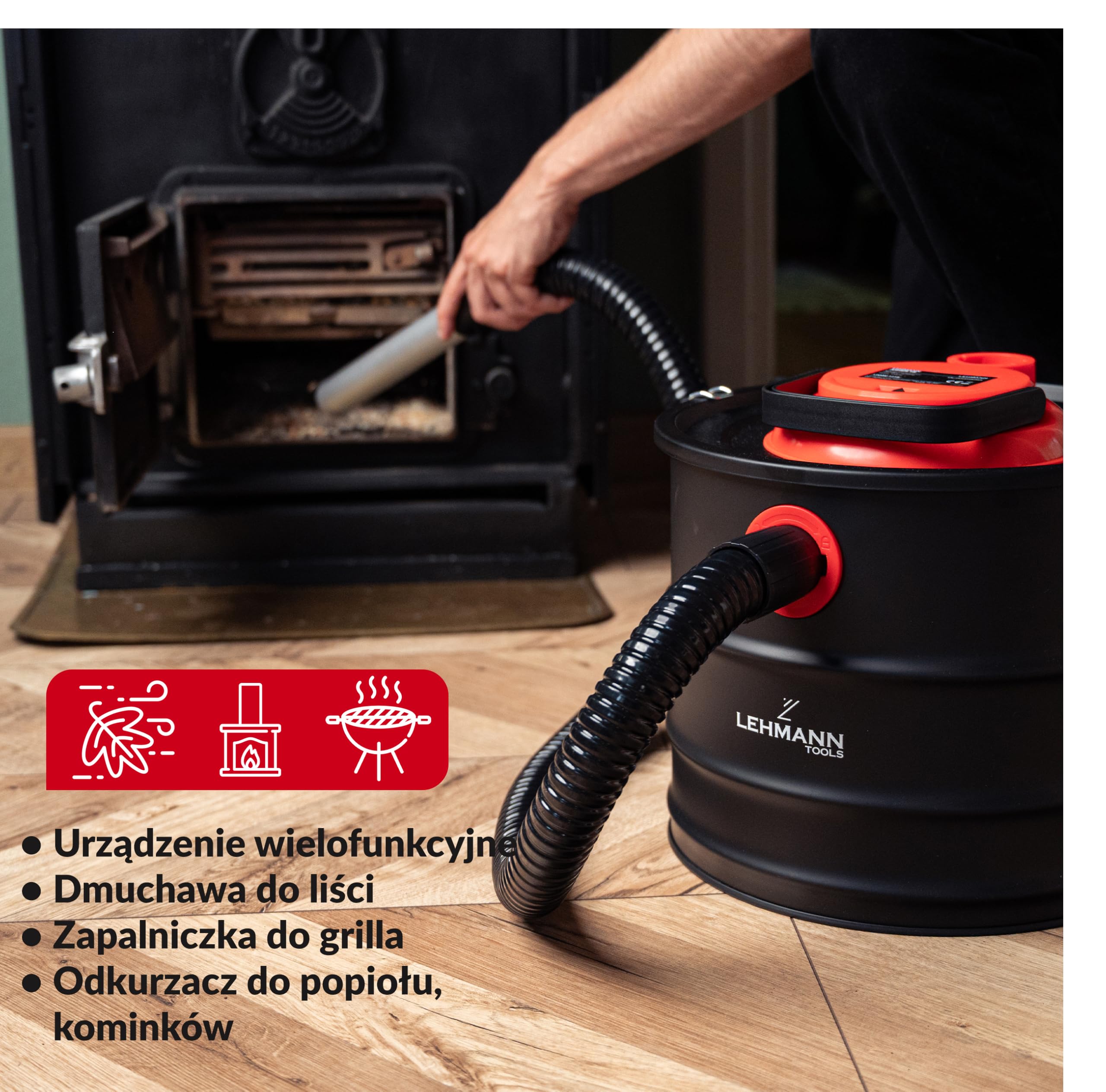 LEHMANNOdkurzacz do popiołu 15 l – kominkowy odkurzacz do wysokich temperatur – wytrzymały metalowy zbiornik – filtry HEPA – funkcja nadmuchu