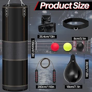 Hollowfly 4フィート ヘビーパンチングバッグセット 6イン1 中綿なし ヘビーボクシングバッグ パンチンググローブ ラップ チェーン 天井フック 屋内/庭用 MMA キックボクシング ムエタイ 空手