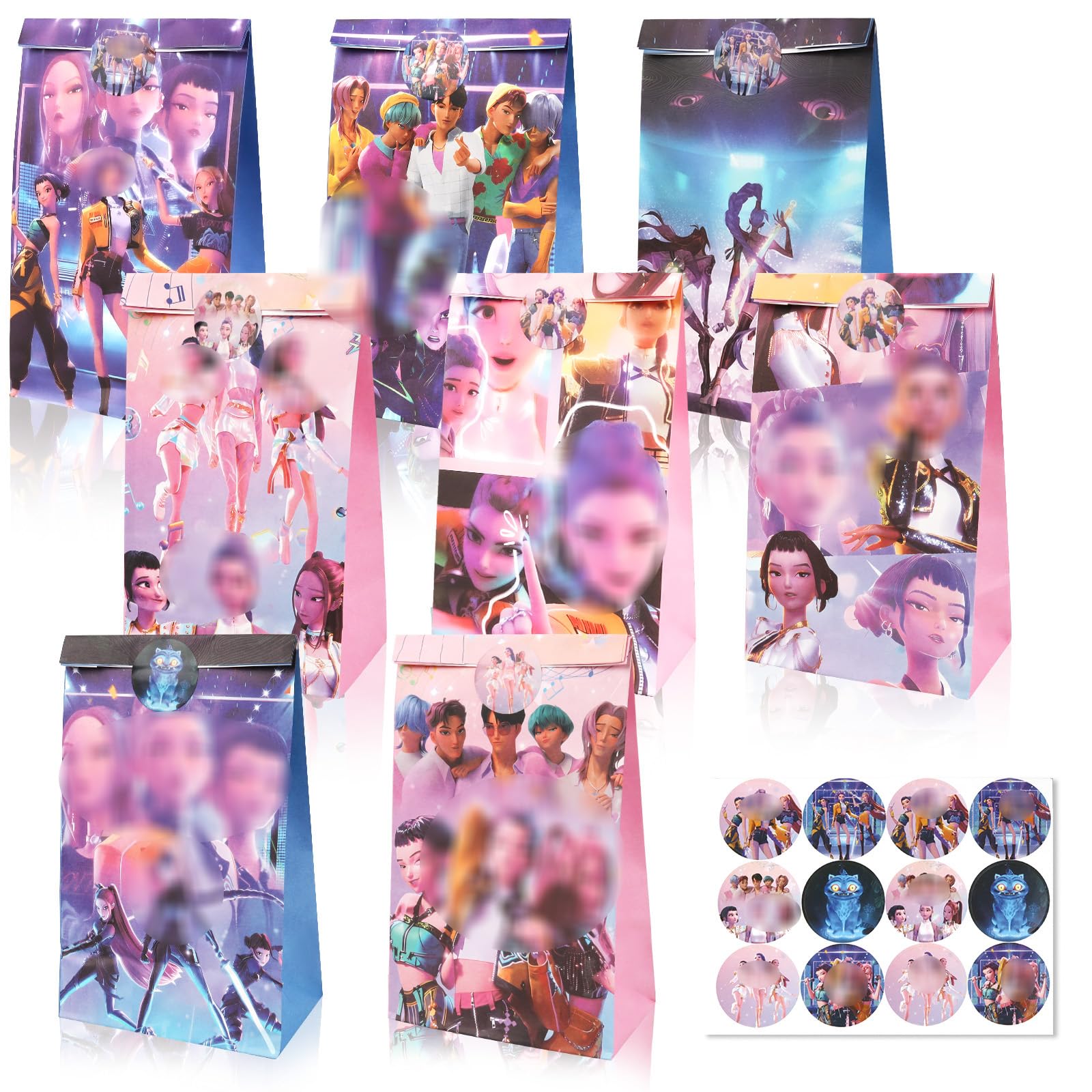 12 Pcs Pop Party Bags for Kids, Paper Gift Bags with 12 Stickers, Candy Goodie Treat Bags for Birthday (purple)