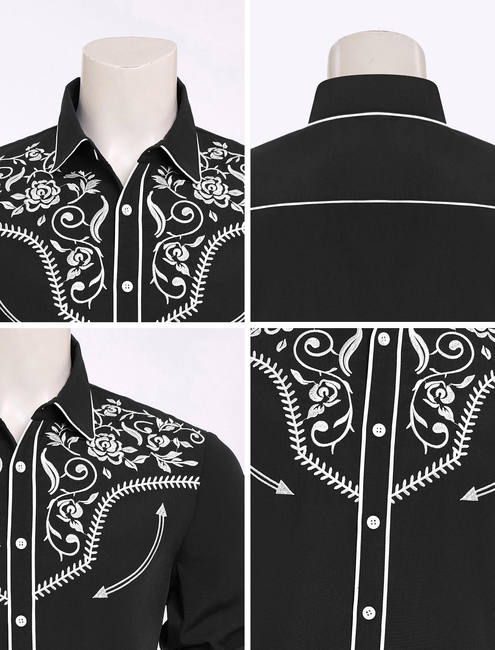 ABEHIK Herren Westernhemd Vintage Cowboy Mottoparty Hemd mit Stickerei