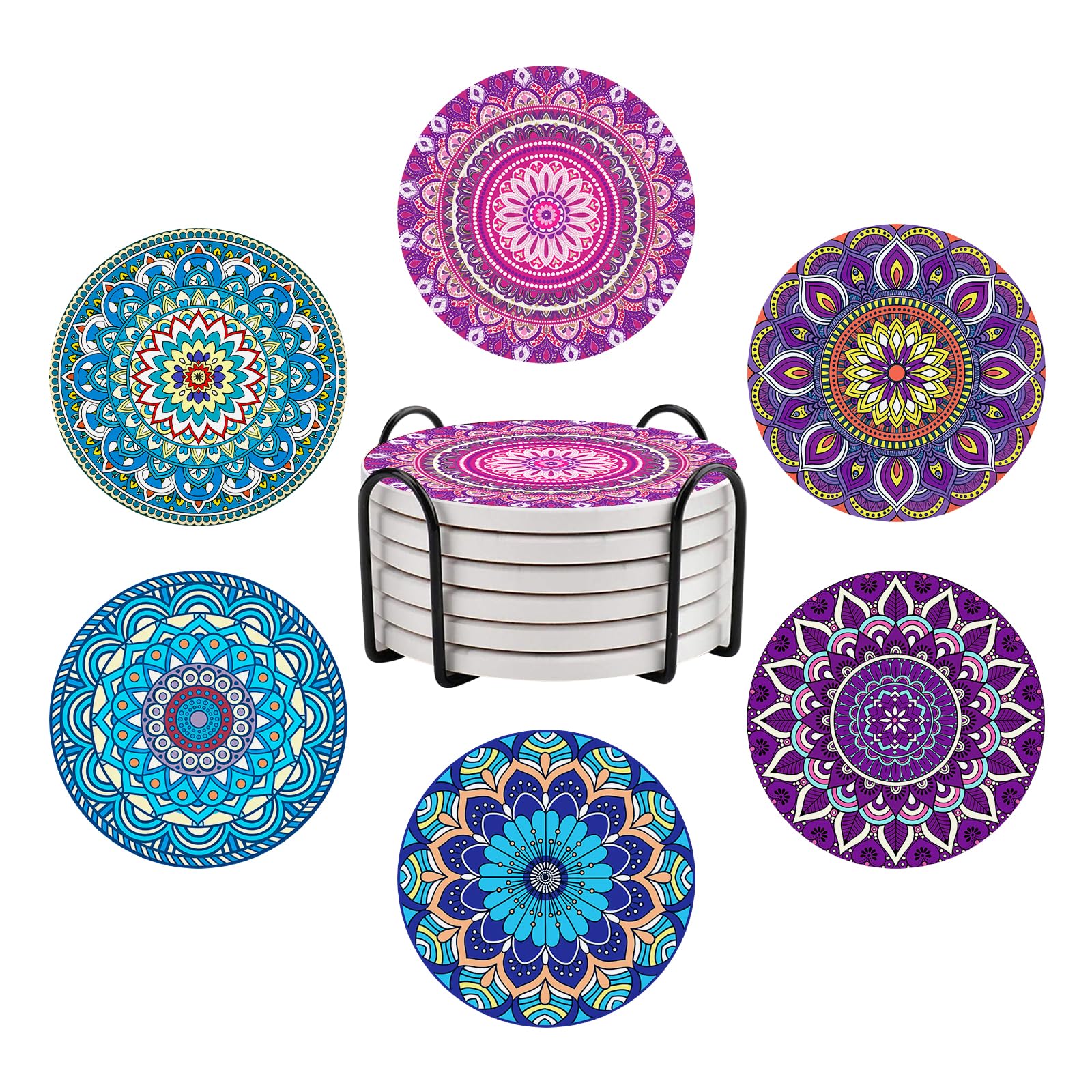 Shaeotek Bohemia-Bluepurple Bohemia Mandala Ceramic Coasters, Set Of 6 Drink Coasters, With Metal Holder, Absorbent Round Non-Slip Drink Mug Cup Coaster Housewarming Room Bar Fashion Decoration Gift