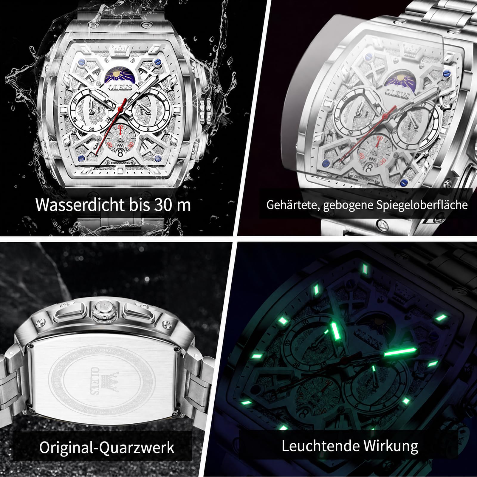 OLEVS Herren Uhr Chronograph Großes Quadrat Edelstahl Quarz Analog | Tonneau Design 44mm großen Zifferblatt Armbanduhr, 30m Wasserdicht, mit Mondphase, Leuchtend, Doppelte Zeitzone