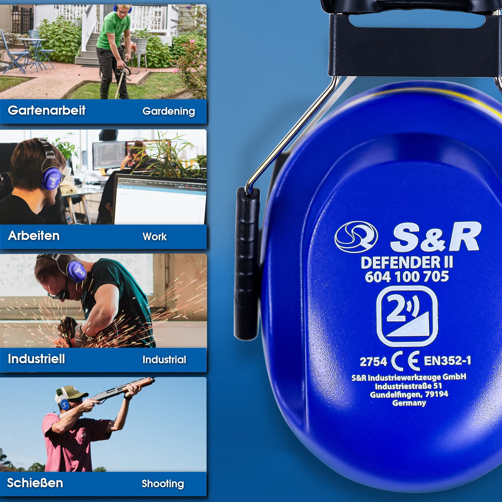 S&R DEFENDER I nauszniki ochronne, profesjonalna ochrona słuchu SNR 29,8 dB, skuteczna izolacja głośności, dla przemysłu, prywatnego użytku
