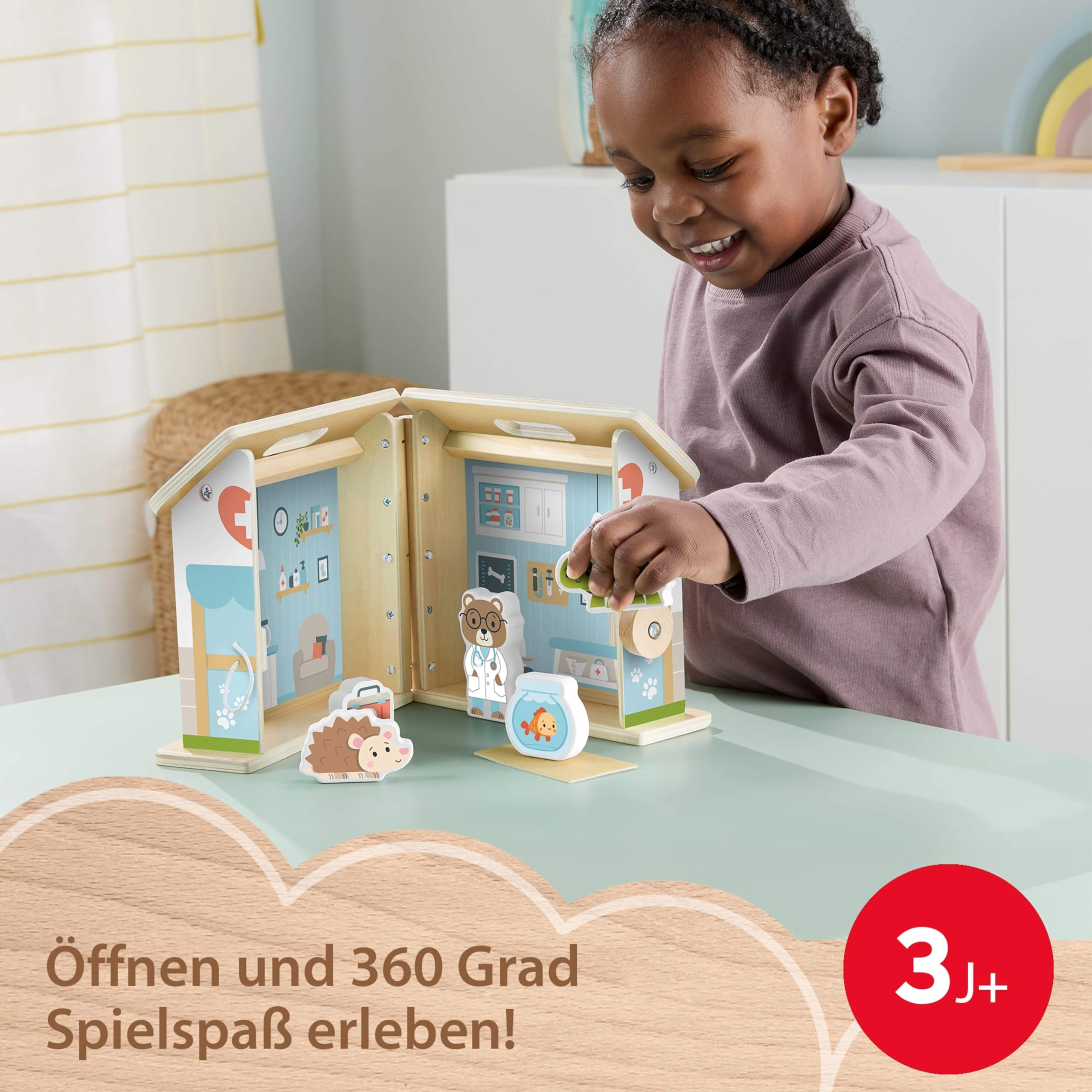 Fisher-Price Hölzerne Tierklinik für unterwegs, 6-teiliges hölzernes Tier-Spielset für unterwegs für Kinder im Kindergartenalter, ab 3 Jahren, JFG07