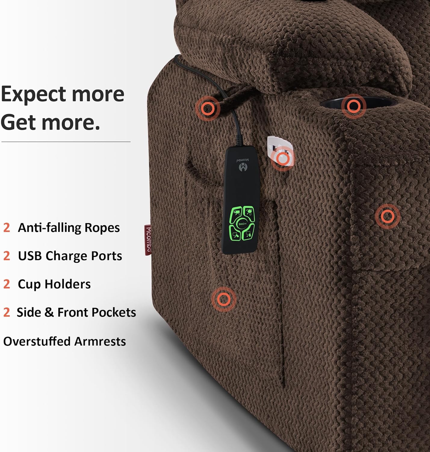 Side view of the recliner chair showing USB charging ports, cup holders, and side pockets