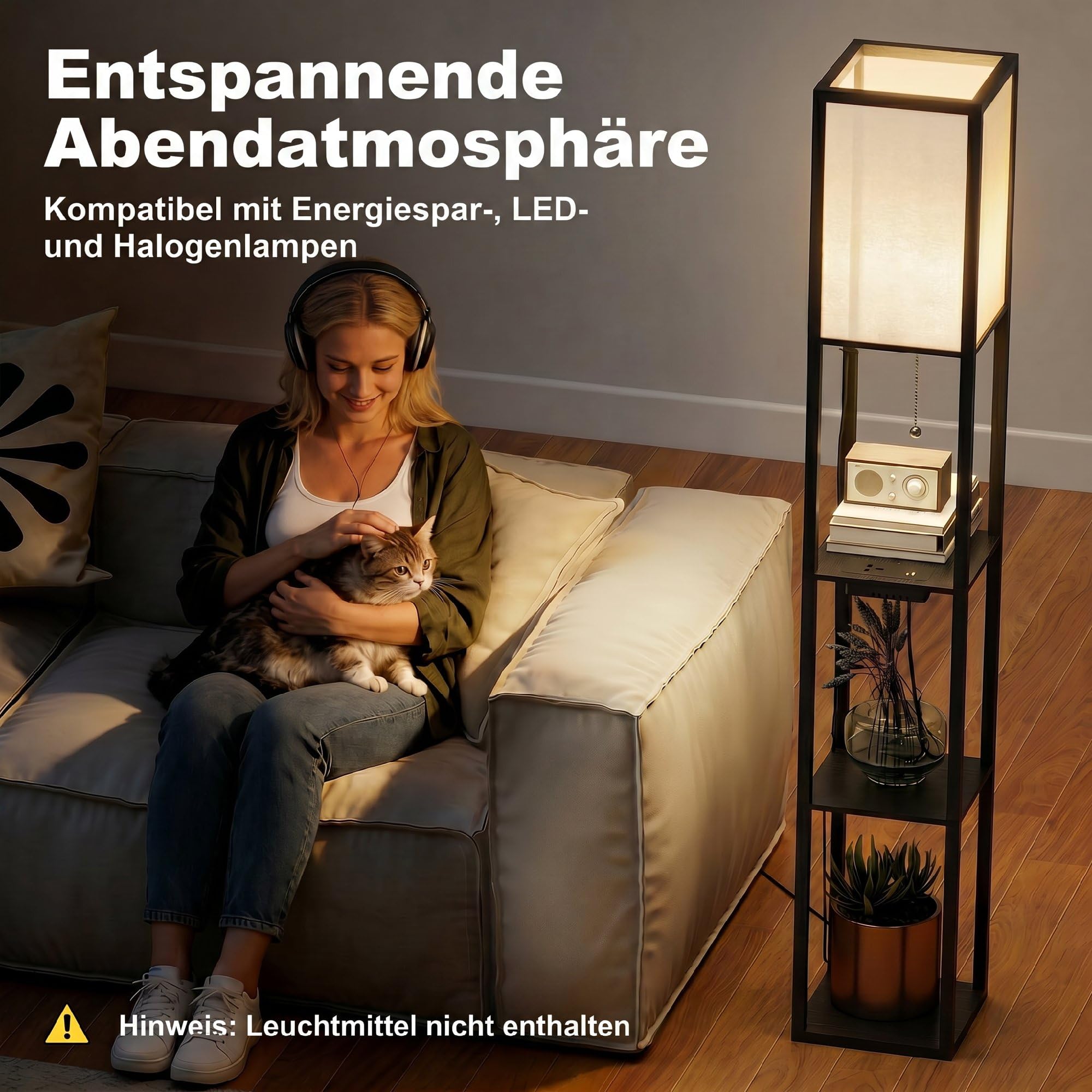 HOMCOM LED Stehlampe mit Regalen, Wohnzimmer Stehleuchte mit E27 Schwarz | Fassung bis 40W, USB-Anschlüsse, Standleuchte, Lampenschirm aus Acryl, für Schlafzimmer, Arbeitszimmer, Büro