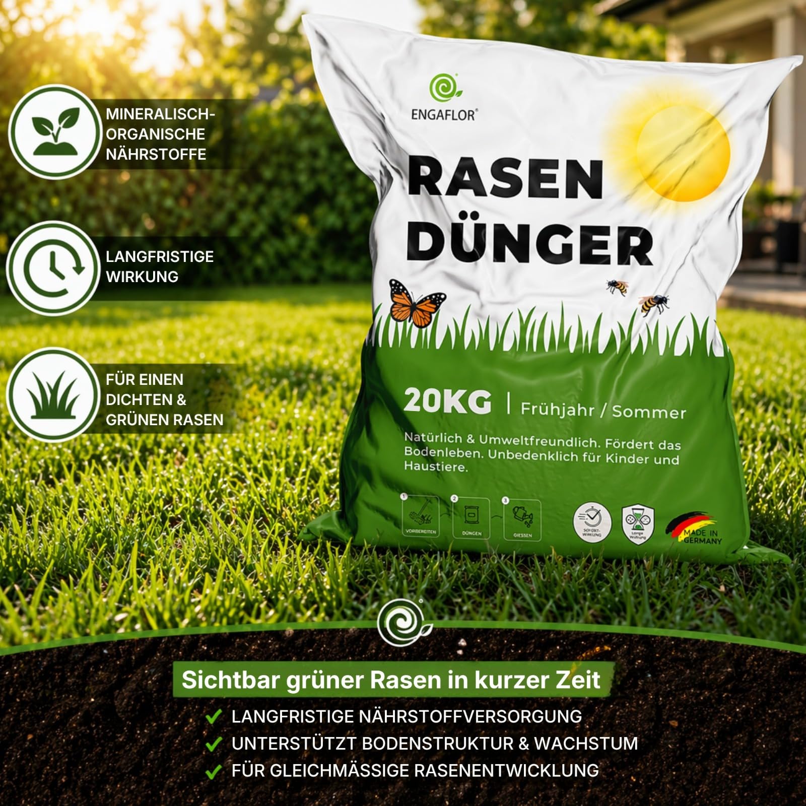 Rasendünger Frühjahr/Sommer | mineralisch-organischer Langzeitdünger | geruchsneutral | für dichten, grünen Rasen | schnelle Wirkung & nachhaltige Bodenpflege (20 KG bis 1000 m²)