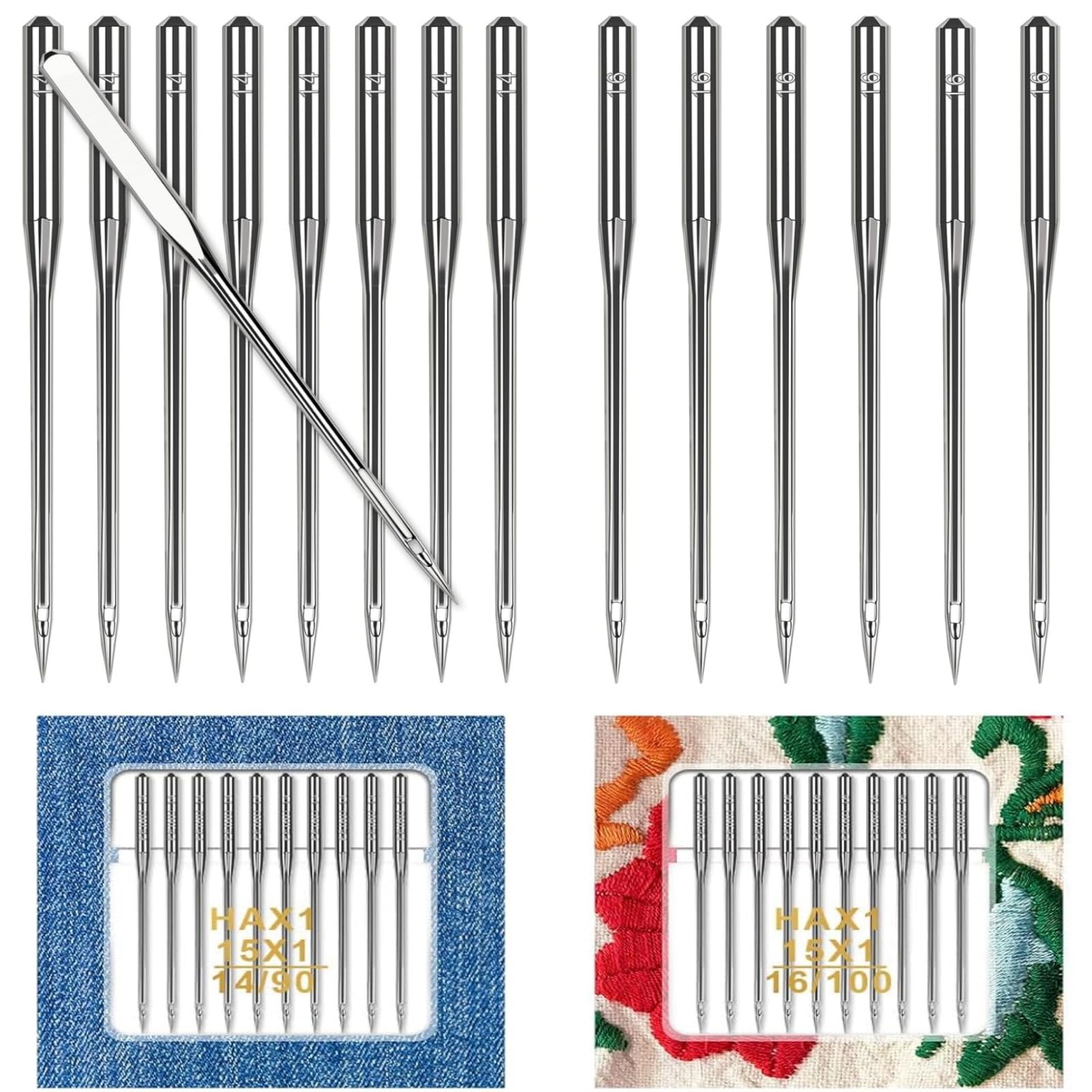 60 agujas universales regulares para máquina de coser, tamaño 90/14, 100/16, agujas de máquina de coser resistentes para tela gruesa de cuero, bordados, compatibles con Singer, Brother, Janome, Varmax