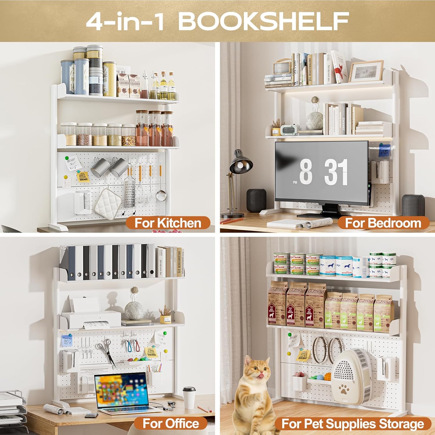 Adjustable Desktop Hutch Bookshelf, Desk Shelf Organizer with Pegboard and Thickened Metal Frame, 2 Tier Display Rack, Countertop Storage, Wood Bookcase for Home, Dorm or Office, White, 38.9" W