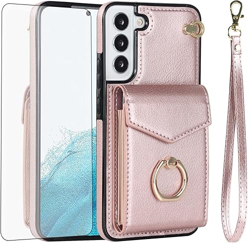 Asuwish Funda de teléfono para Samsung Galaxy S22 Plus S22+ 5G Funda tipo cartera con protector de pantalla de vidrio templado y anillo de bloqueo