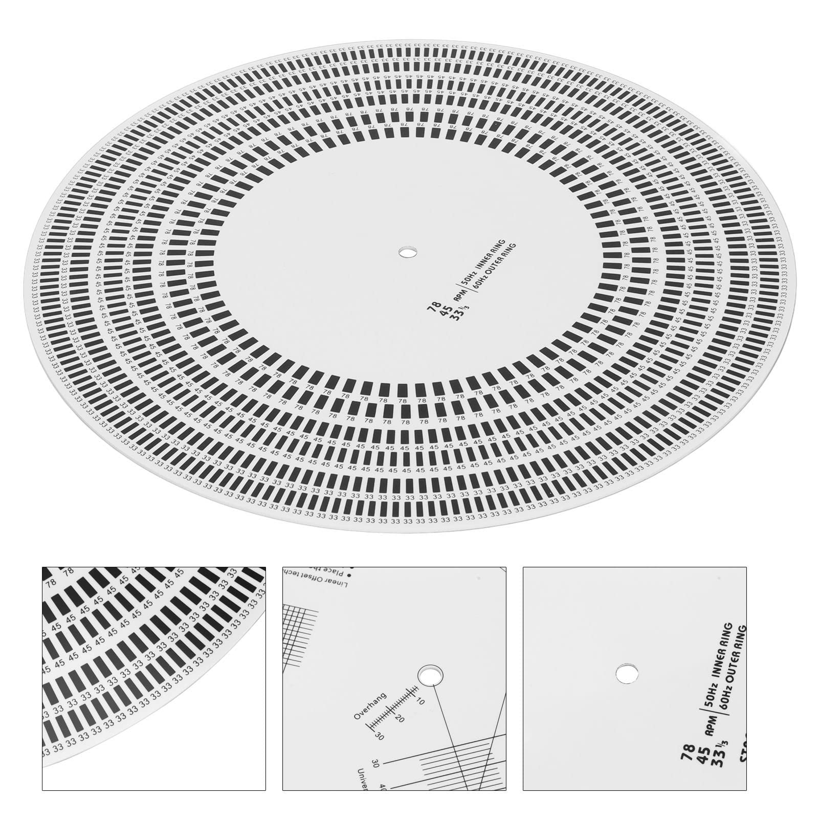 Disco Stroboscopico, Disco di Calibrazione per Precisione Velocità del Giradischi e Allineamento Cartuccia per Lettori Vinile ABS Bianco Doppia Faccia 33 45 78 Giri 50 60Hz 1 Pezzo
