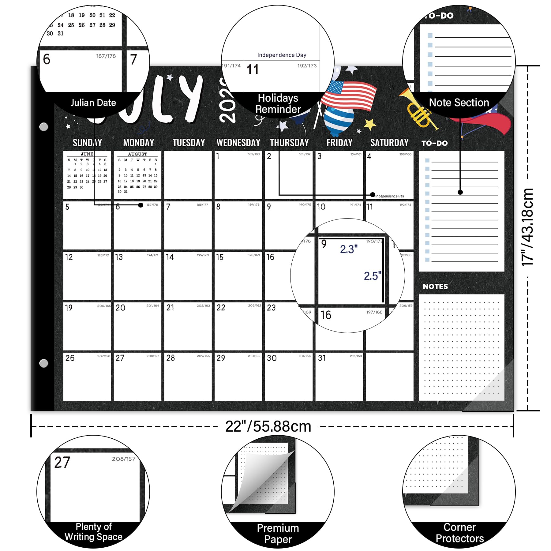 Calendrier de bureau 2026-2027, mensuel, sous-main, 18 mois, de janvier 2026 à juin 2027, extra large, 55,9 x 43,2 cm, motifs saisonniers colorés, autocollants inclus (noir (juillet 2026))