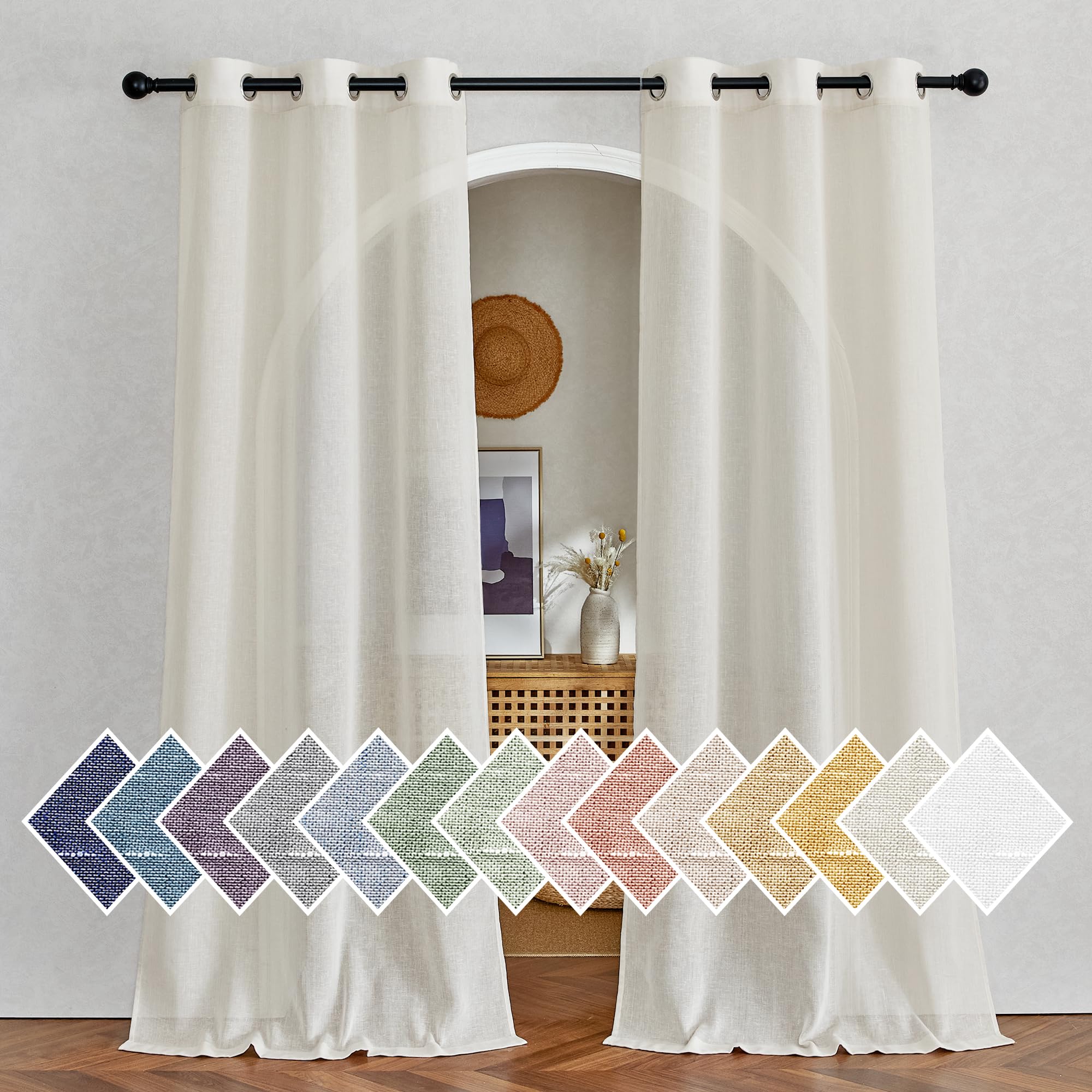 NICETOWN Natural Linen Curtains for Doorway 80 inch Length, Grommet Privacy Semi Sheer Linen Burlap Window Treatments with Light Penetration for Home