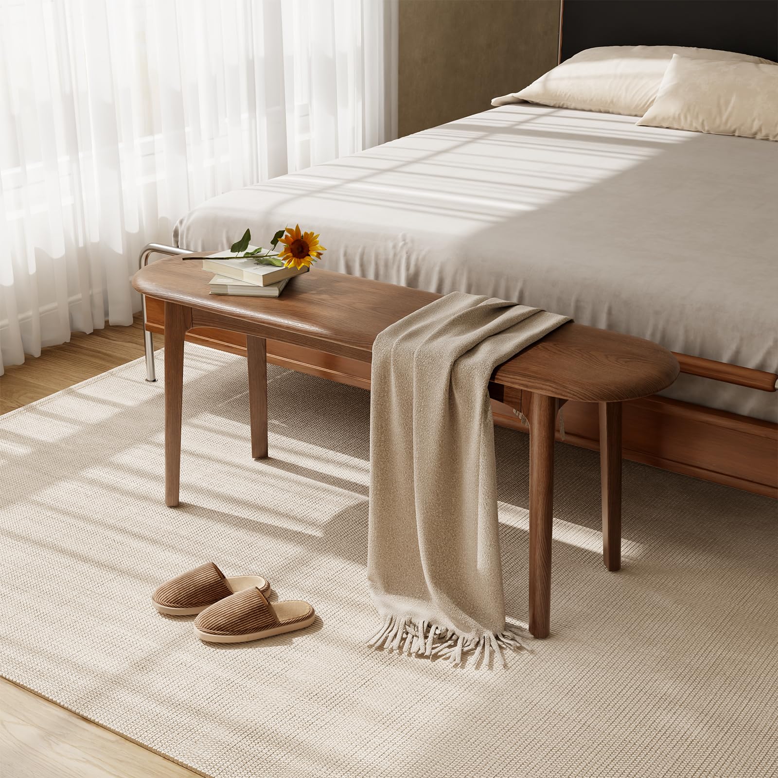 DONGMUWUEJEE 100% Solid Wood Dining Bench, Dining Table Bench for End of Bed with Rounded Corners, Entryway Benches for Outdoor, Bedroom and Plant Stand (Walnut, 39.4" D x 11.8" W x 19.7" H)