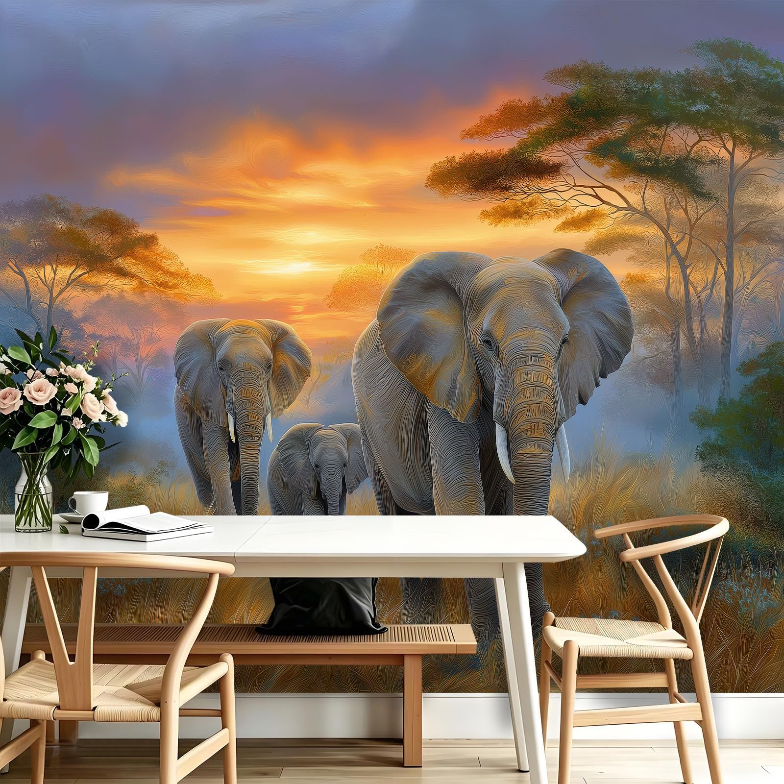 Carta da parati fotografica, 250 x 175 cm, decorazione da parete, motivo: savana africana, elefante, decorazione da parete, carta da parati in tessuto non tessuto, per soggiorno, hotel, studio