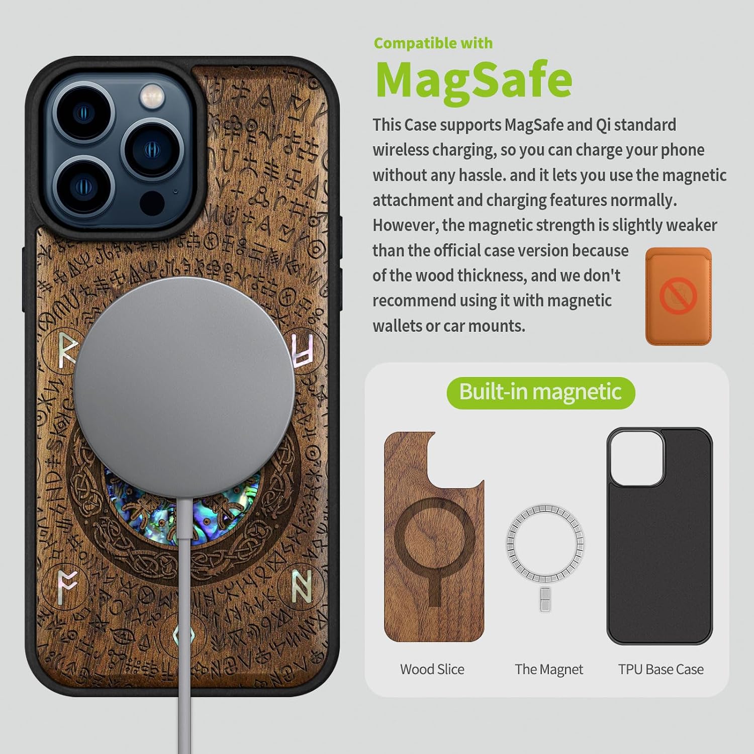 Carveit Wooden Case for iPhone 15 Pro Max Magnetic Case, Compatible with MagSafe Wireless Chargers, Shockproof Cover, Handmade Shell Inlaid & Wood Artisan Engraved (Viking) Walnut