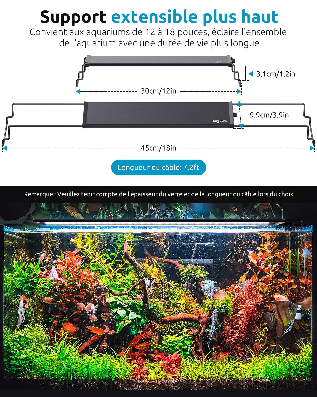 Seaoura Éclairage Aquarium, Aluminium Lampe LED d’Aquarium a Spectre Complet avec Minuterie, Mémoire de Mise Hors Tension, 8 Couleurs, 20 Luminosité pour Aquarium Planté d’eau Douce (30-45cm)
