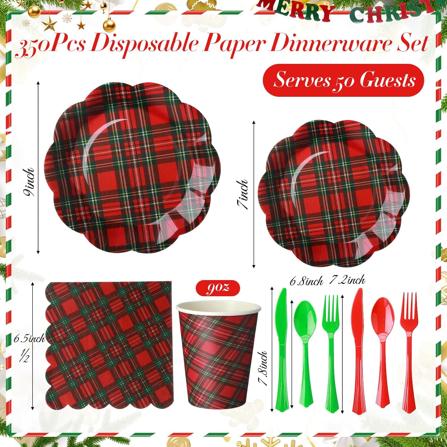 350 Pcs Christmas Paper Plates and Napkins Set Red and Green Plaid Disposable Christmas Dinnerware Set with Cup Knife Fork Spoon Serve 50 Guests Holiday Winter Xmas Party Supplies Decoration - Image 2