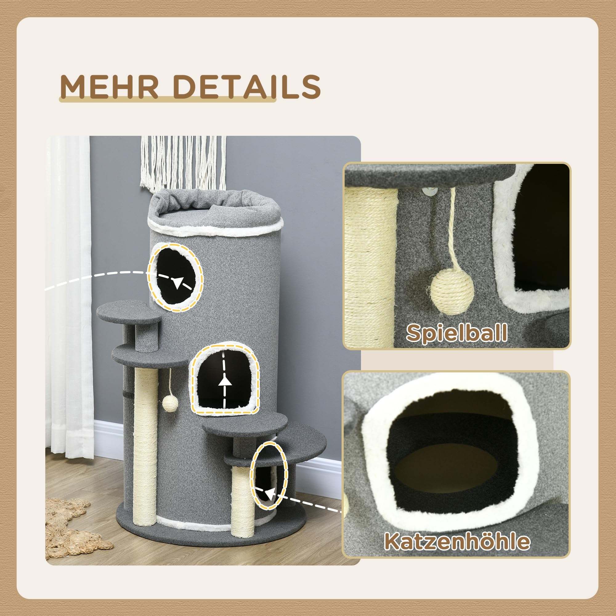 PawHut Kratzbaum 99 cm Katzenturm mit 3 Höhle, Spielball, Sisalstämme, Plattform, mehrstöckiger Katzenkratzbaum, Kletterbaum, für mittelgroße Katzen, Grau