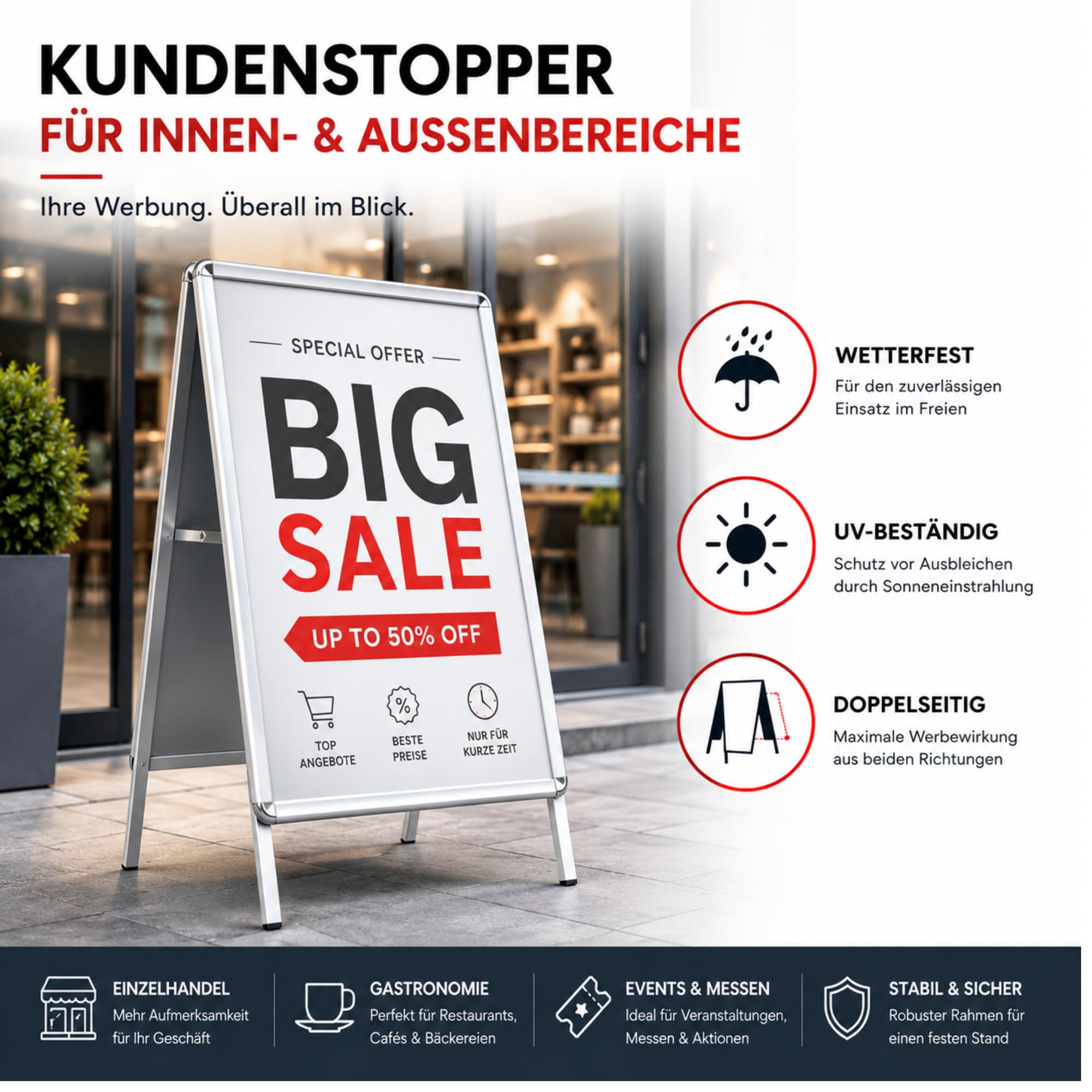 OfficeMarshal Kundenstopper DIN A1 - mit Alu Rahmen 25mm - beidseitig für 2 Plakate -inklusive Schutzfolie - wetterfester Plakatständer - Gehwegaufsteller Werbetafel