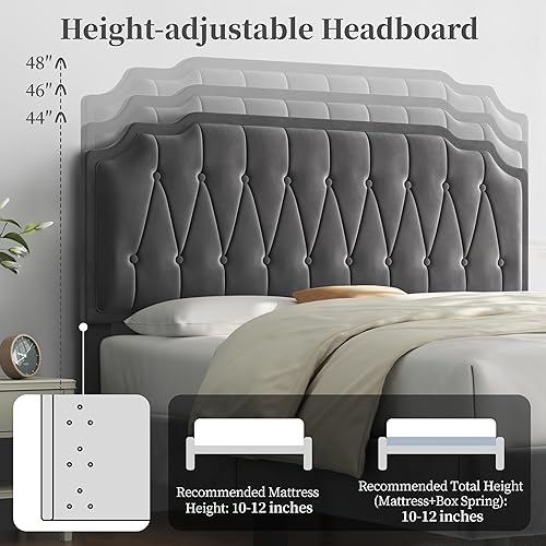 Miniatura 7 de Yaheetech Base de cama tapizada de terciopelo tamaño Queen con cabecera curvada plataforma con base de colchón listones de madera fuertes no