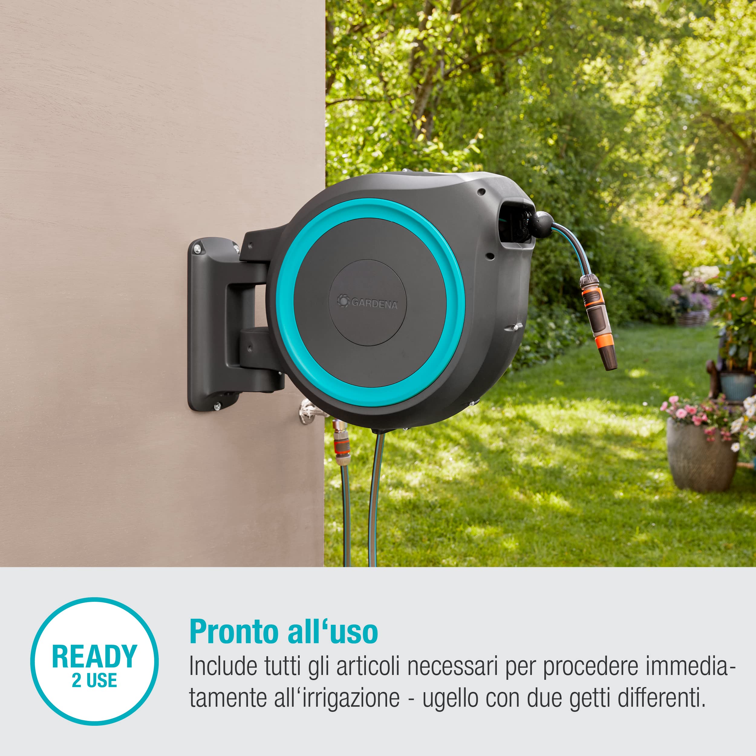 Gardena Avvolgitubo da Parete RollUp M/L: incluso Tubo da Giardino 25 m con Lancia e Raccordi, Avvolgimento Automatico, Ruotabile di 180 gradi, per Giardini Medi, Azzurro (18620-20)
