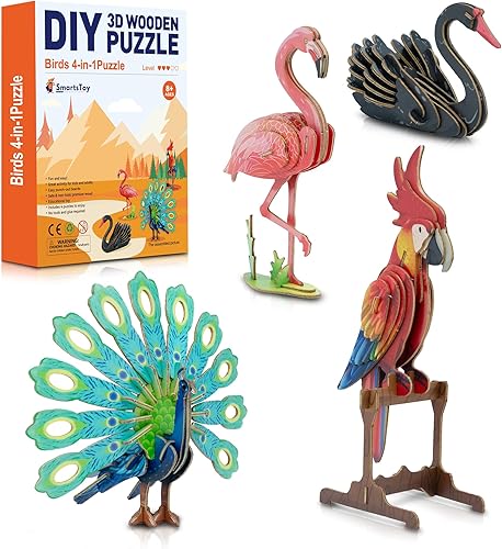 Rompecabezas de madera 3D 4 coloridos pájaros de juguete para niños, kits de construcción de modelos, rompecabezas de cerebro, kits educativos STEM