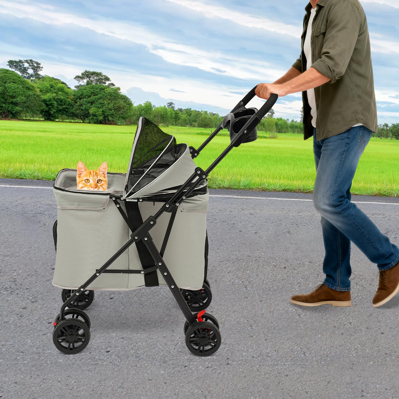 Passeggino pieghevole per cani e gatti fino a 12.5kg,Passeggino per animali domestici con 360° ruote,doppio freno posteriore,Carrello per cani con portabibite e doppie fibbie di sicurezza,grigio