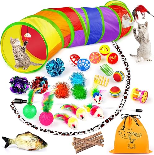 Juego de 32 juguetes para gatos juguetes para gatitos variedad de juguetes de hierba gatera con túnel arco iris juguete interactivo de plumas de