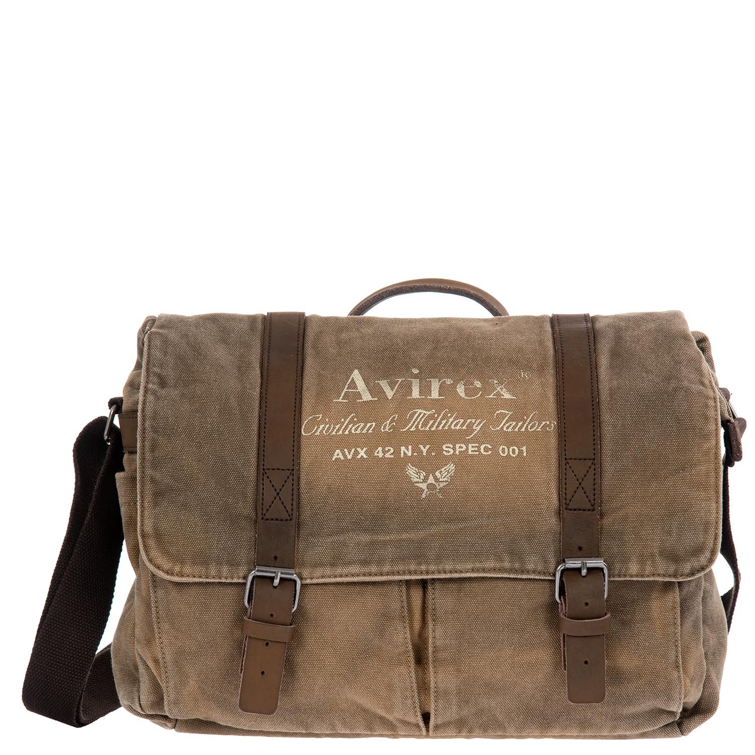 Avirex Borsa Messenger in Canvas e Pelle Bovina Anticata, Cartella a Tracolla Regolabile in Stile Militare, Collezione 140506 CNV0M (Verde Kaki)