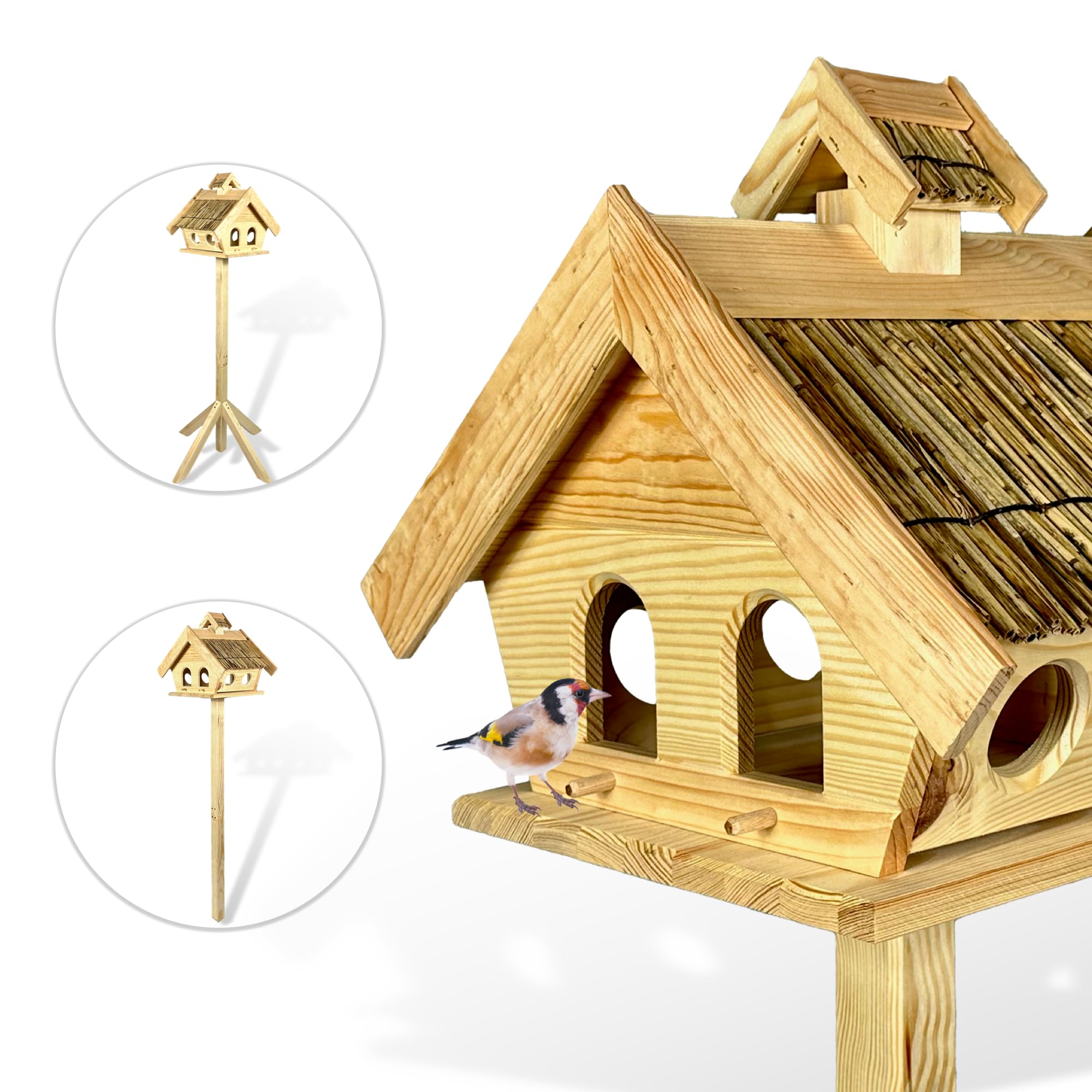 GARTENETAGE Vogelhaus Holz mit Reetdach und 2in1 Ständer/Vogelhaus mit Ständer wetterfest und stabil/Vogelfutterhaus mit Ständer/Robustes Vogelhäuschen für Balkon und Garten