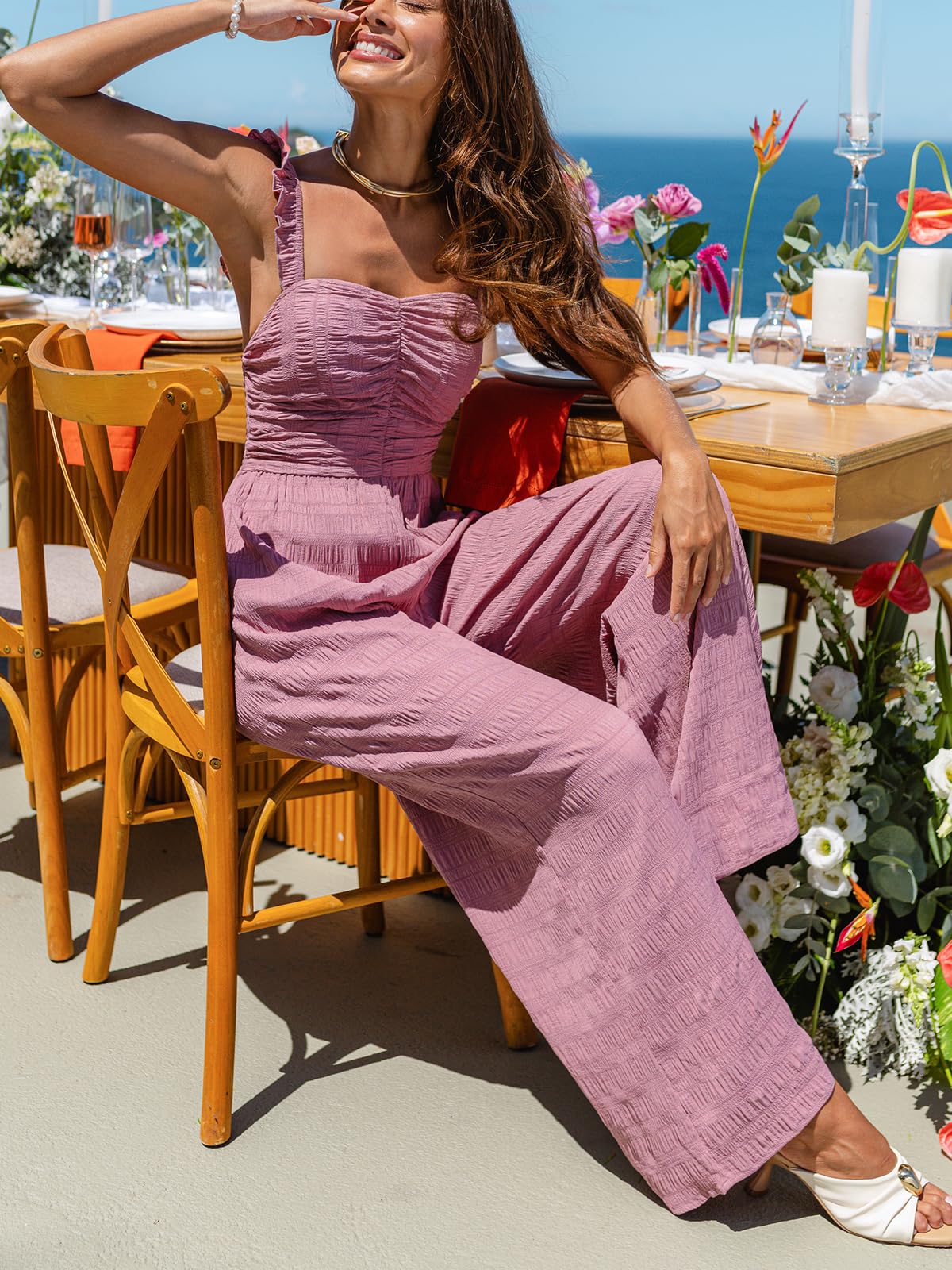 CUPSHE Mono de verano para mujer, sin mangas, con volantes, pierna ancha, parte superior ahuecada, textura arrugada, suelto, playa, vacaciones, playsuit